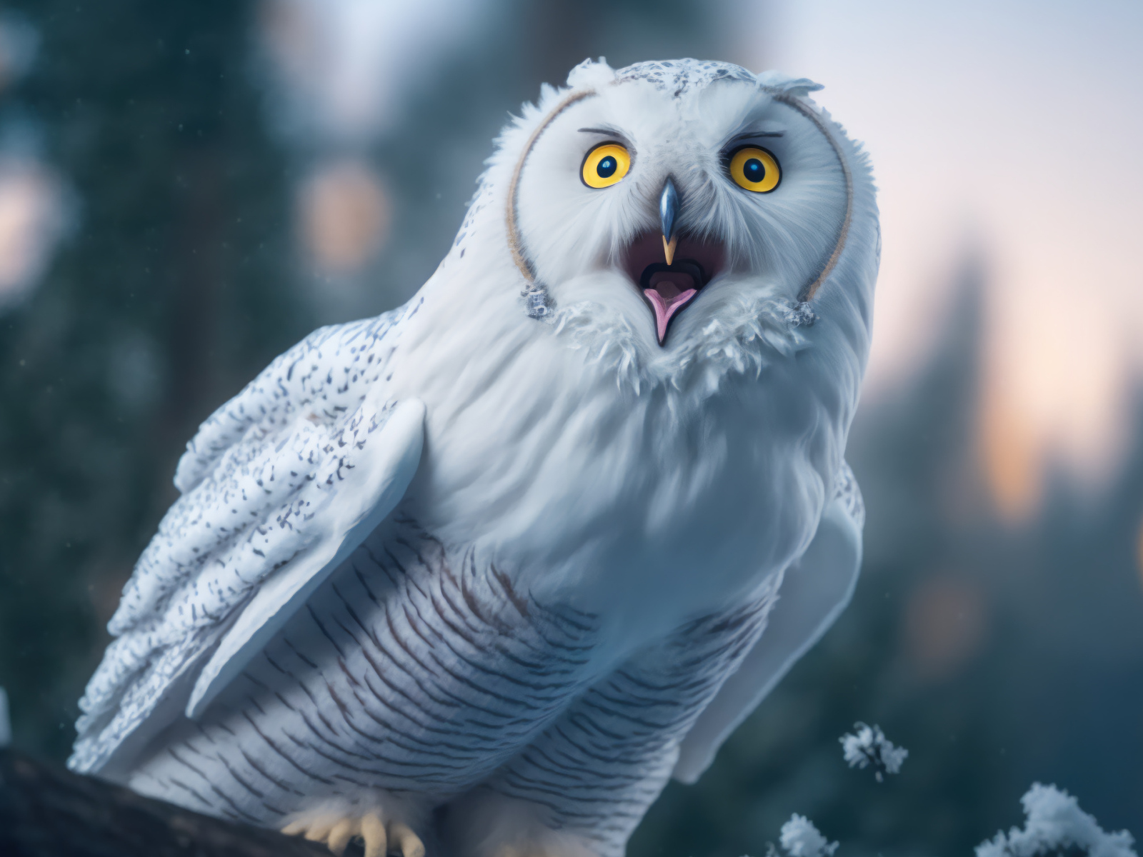 Большая белая сова с открытым клювом
