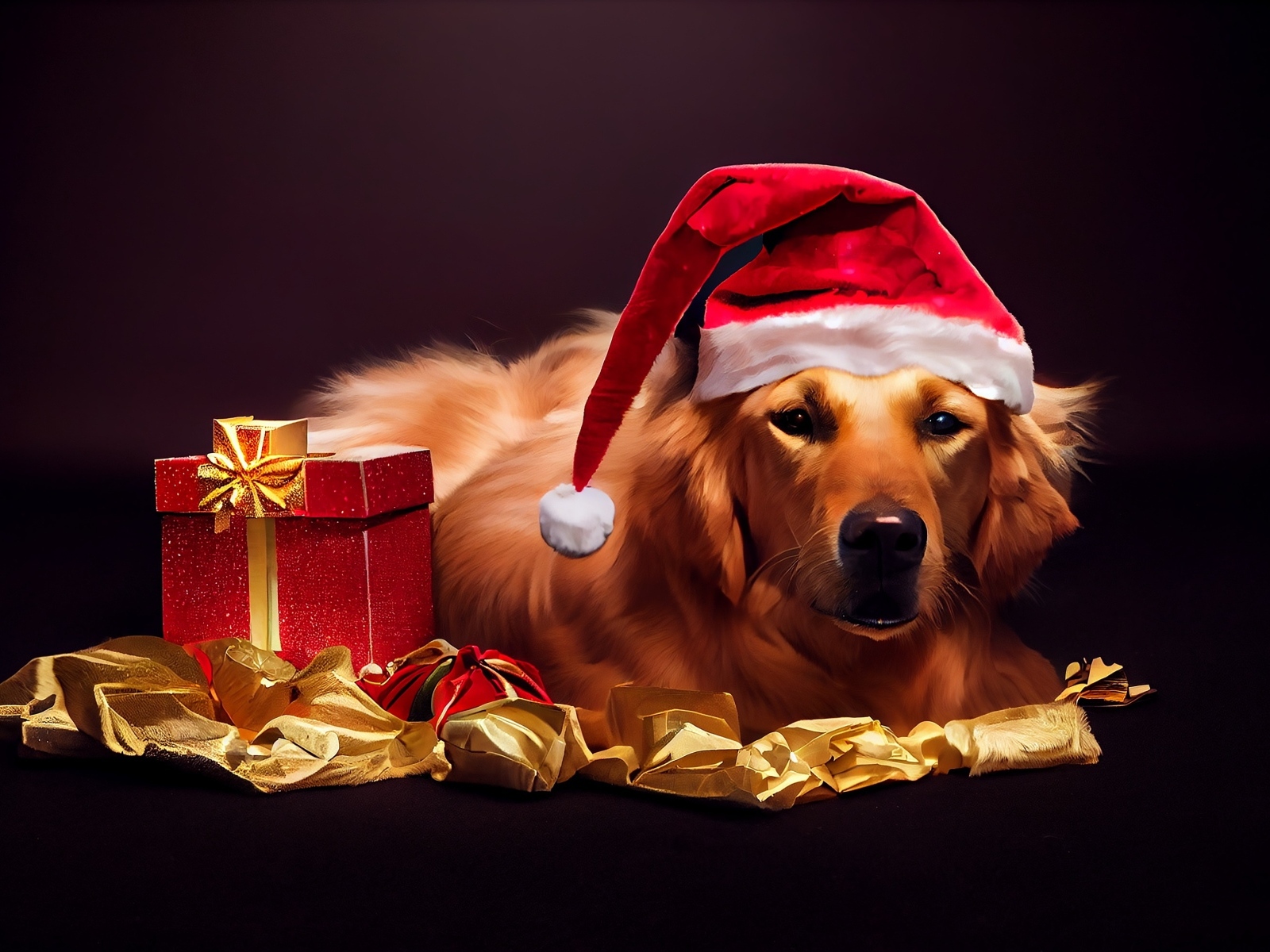 Золотистый ретривер в новогодней шапке с подарком