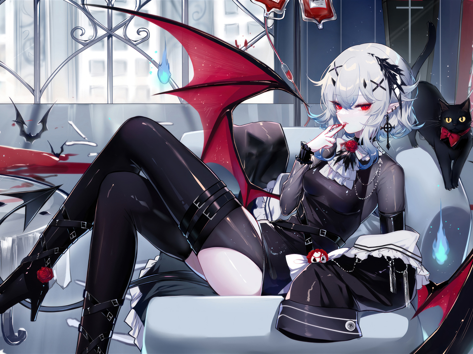 Девушка аниме демон с черным котом