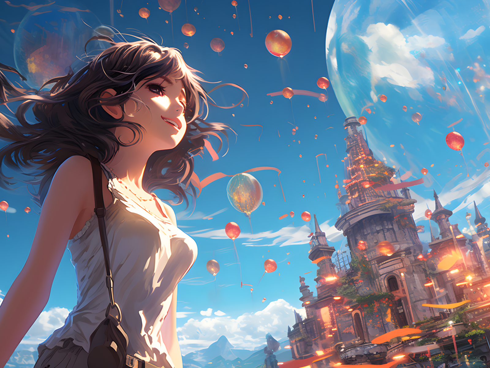 Девушка аниме на фоне замка