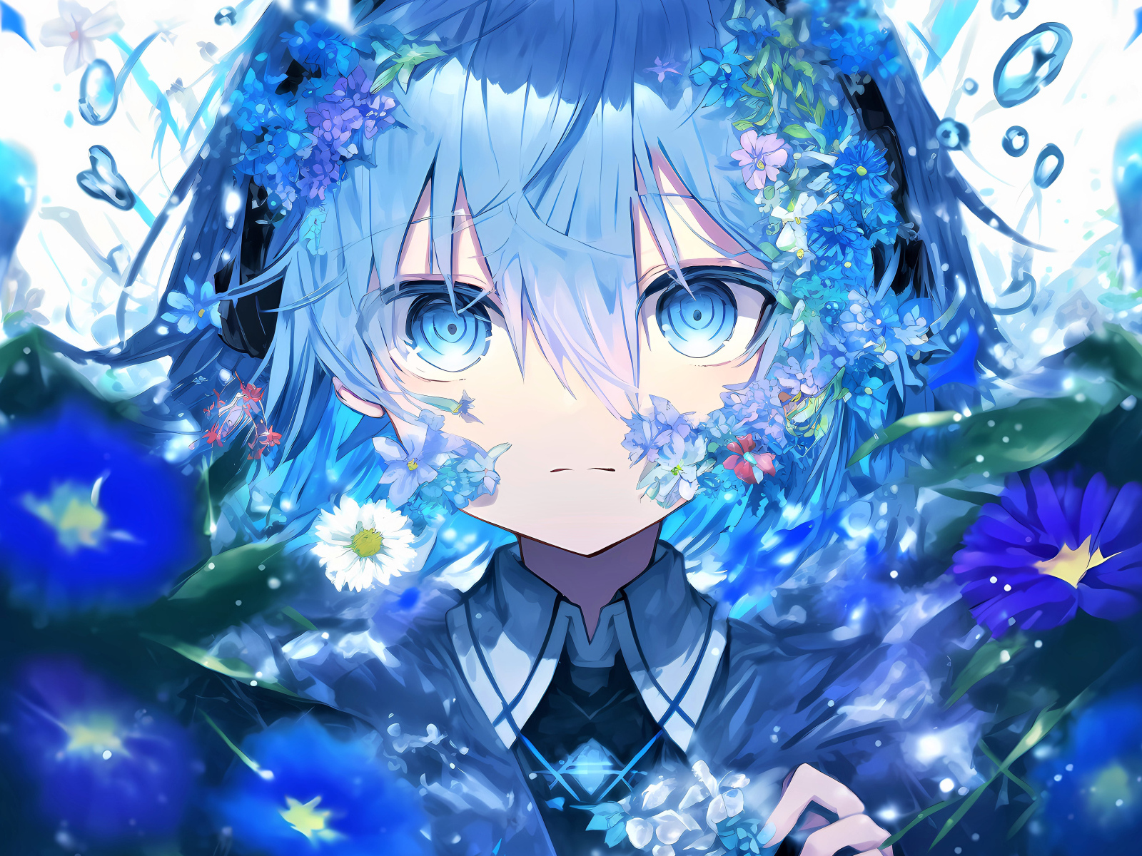 Девушка аниме в синих фантастических цветах