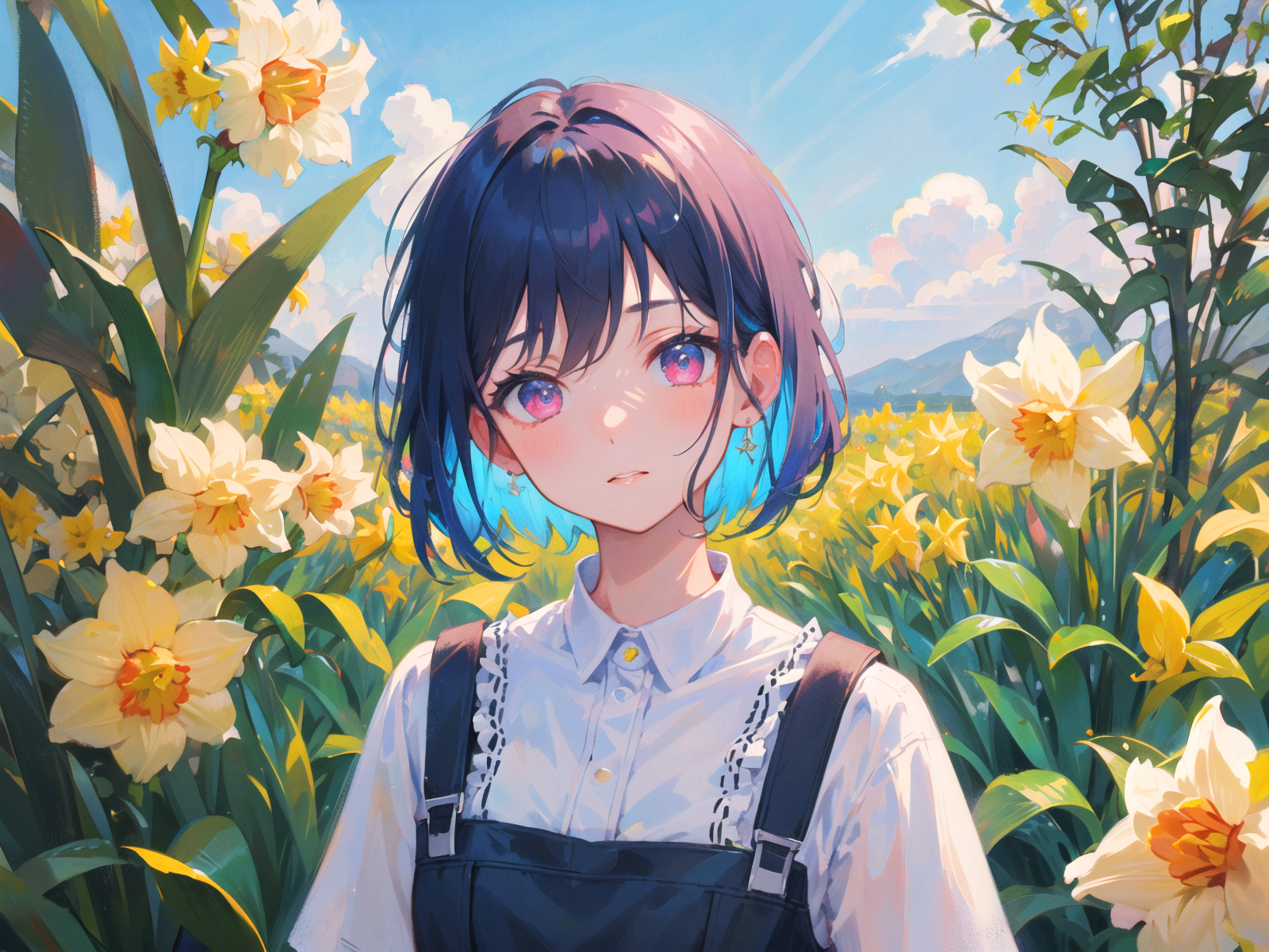 Девушка аниме на поле с нарциссами