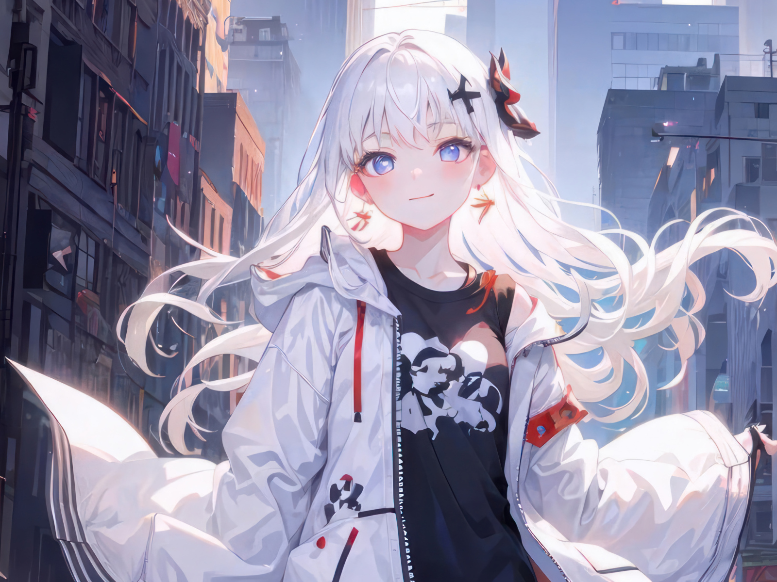 Девушка аниме с белыми волосами в городе