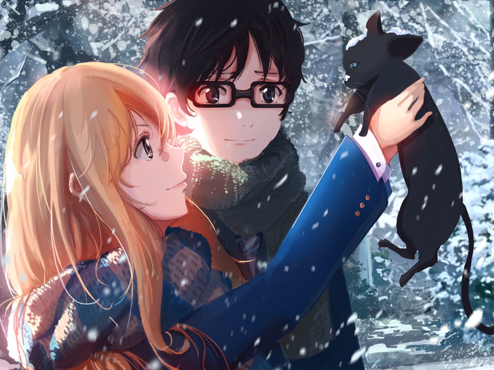 Парень и девушка аниме с котенком в руках