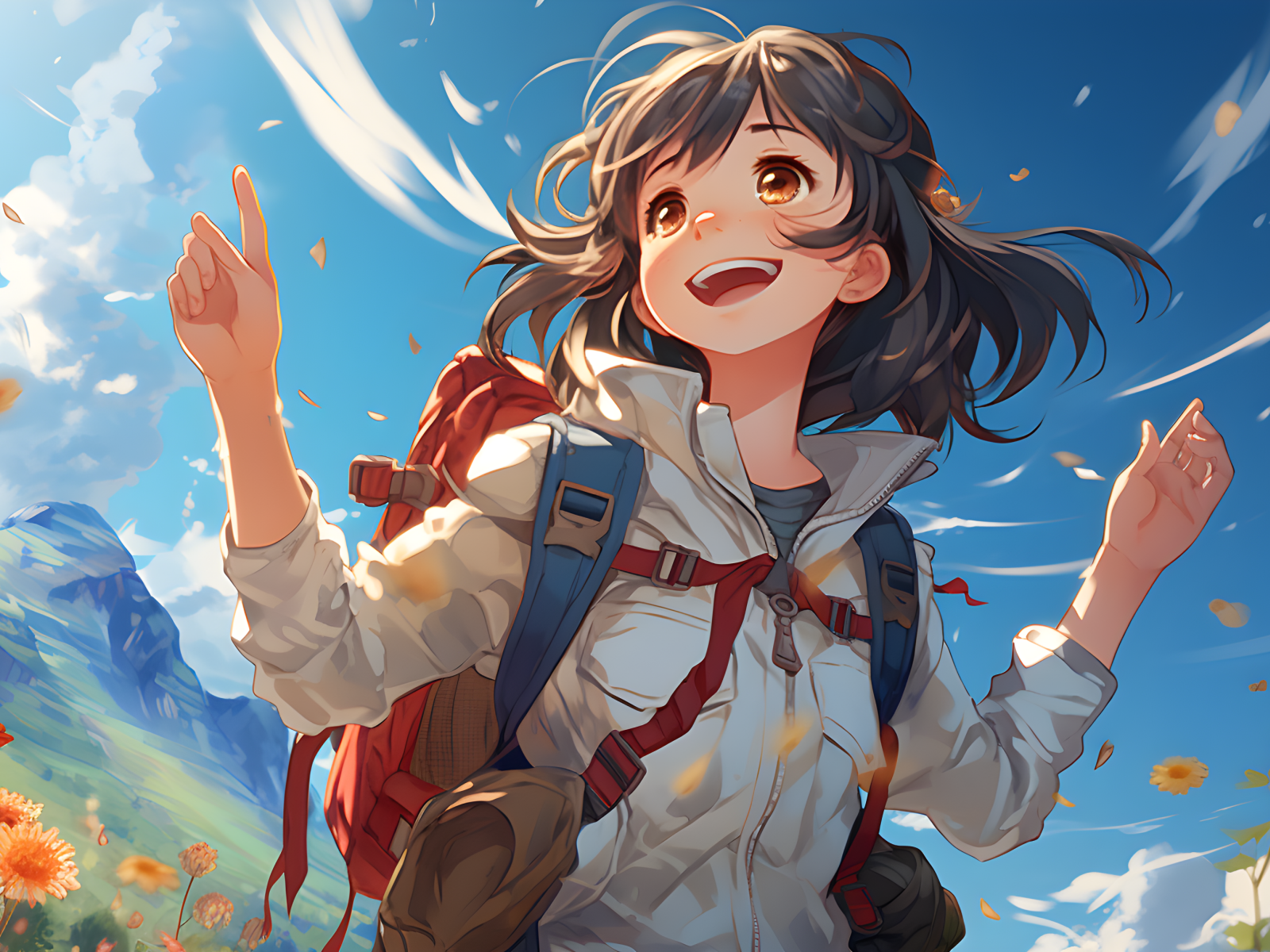 Веселая девушка аниме с рюкзаком за спиной