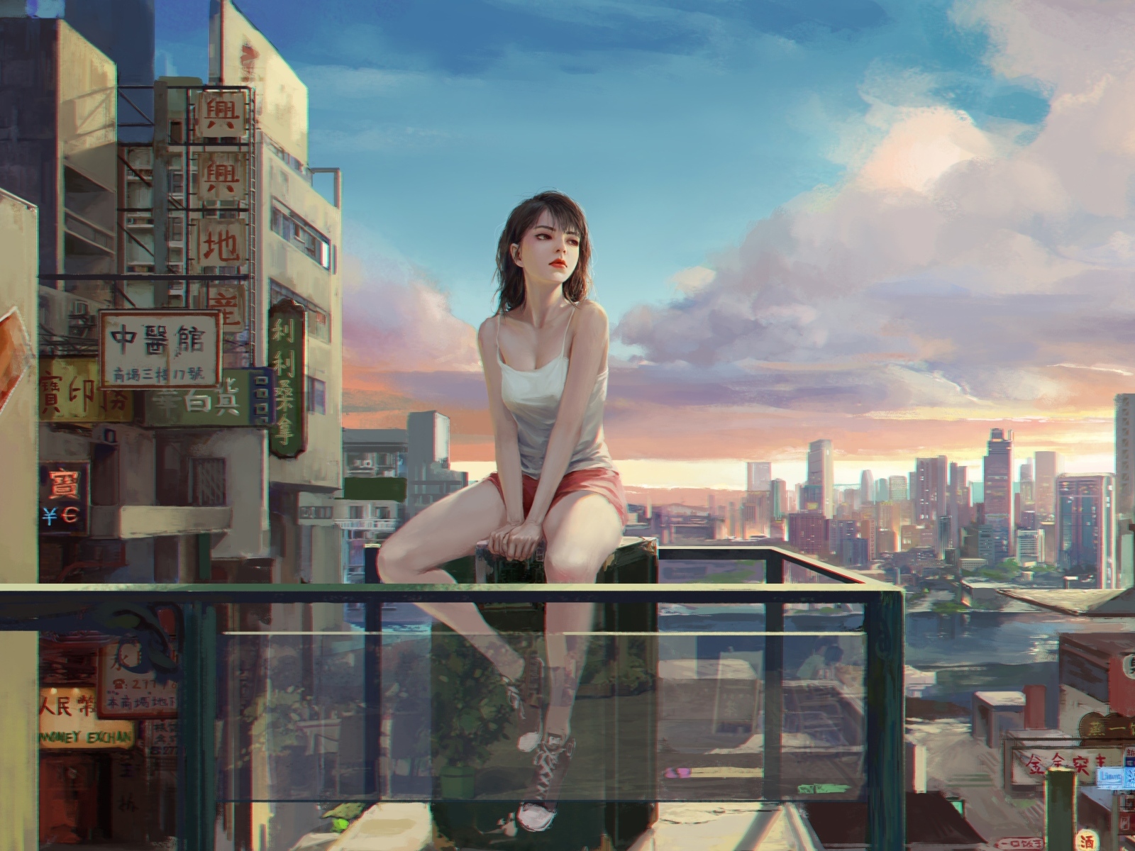 Грустная девушка аниме сидит на балконе