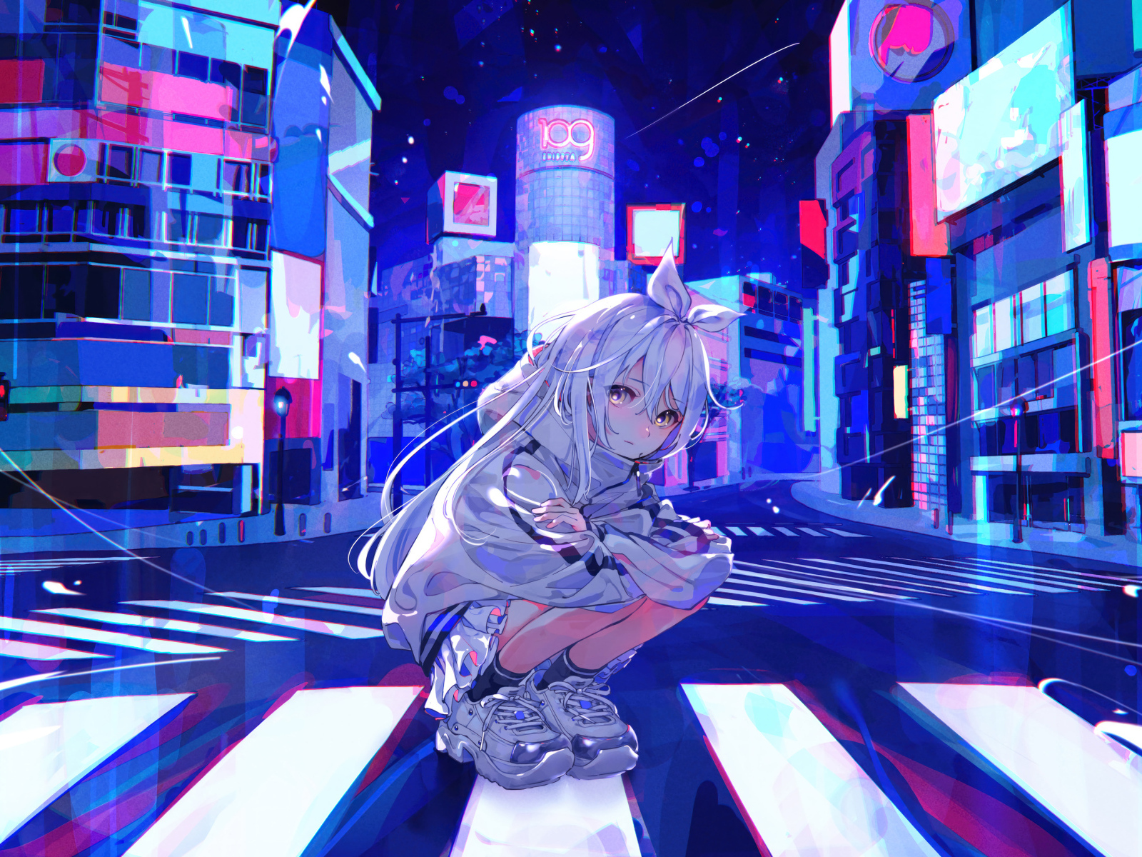 Грустная девушка аниме сидит на дороге в городе