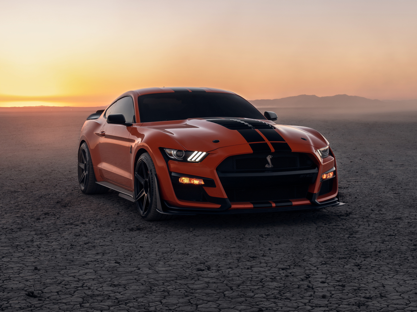 Красный  Ford Shelby GT500 на фоне заката