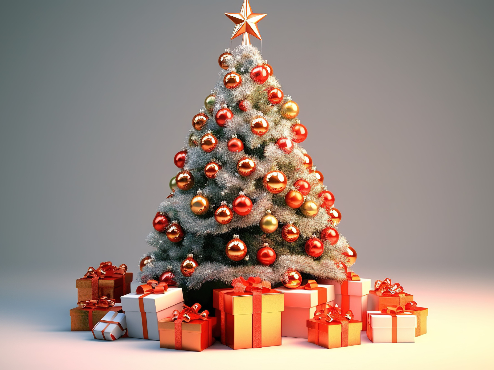 Рождественская елка с подарками на сером фоне