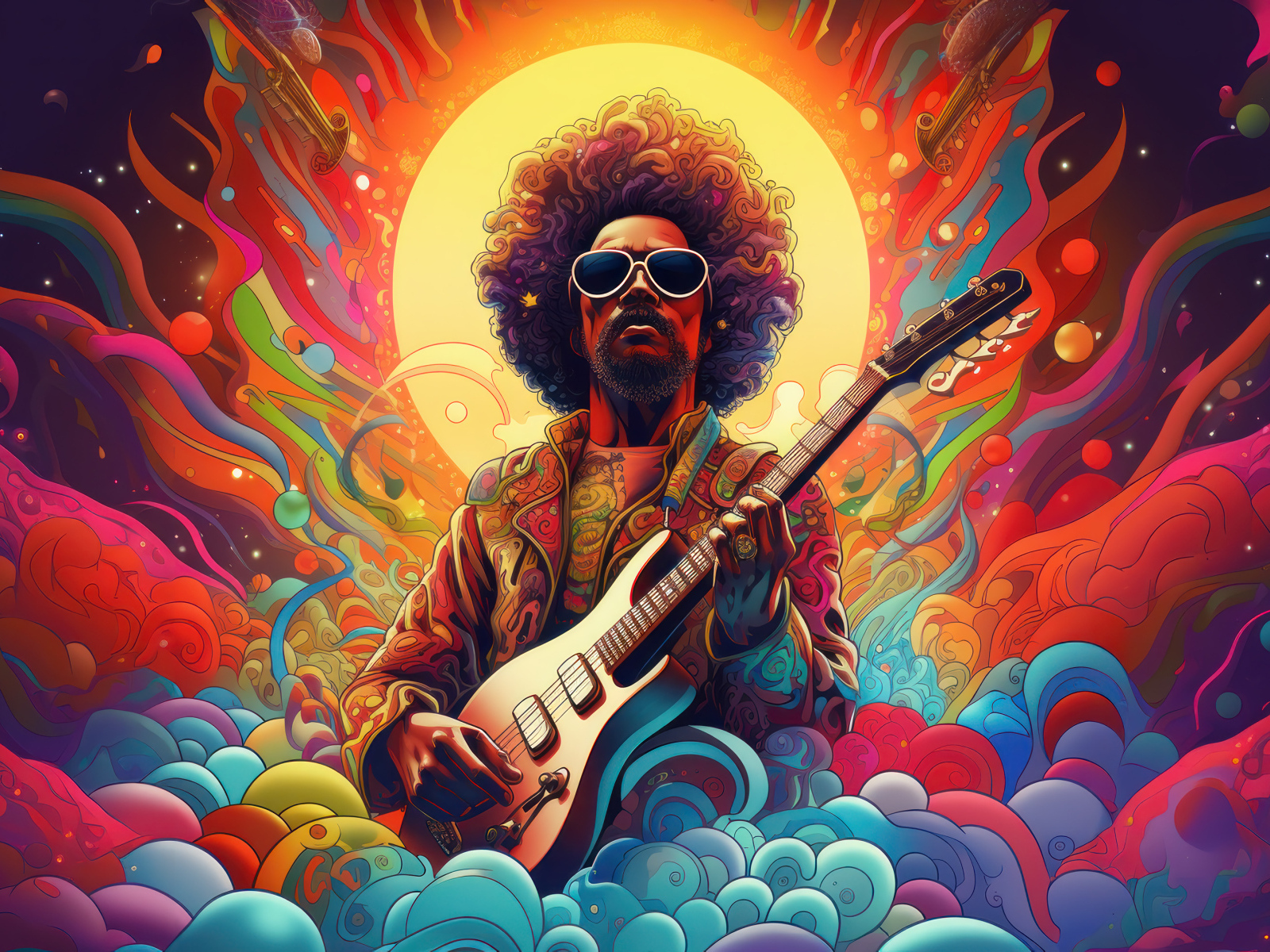Нарисованный мужчина гитарист на разноцветном фоне