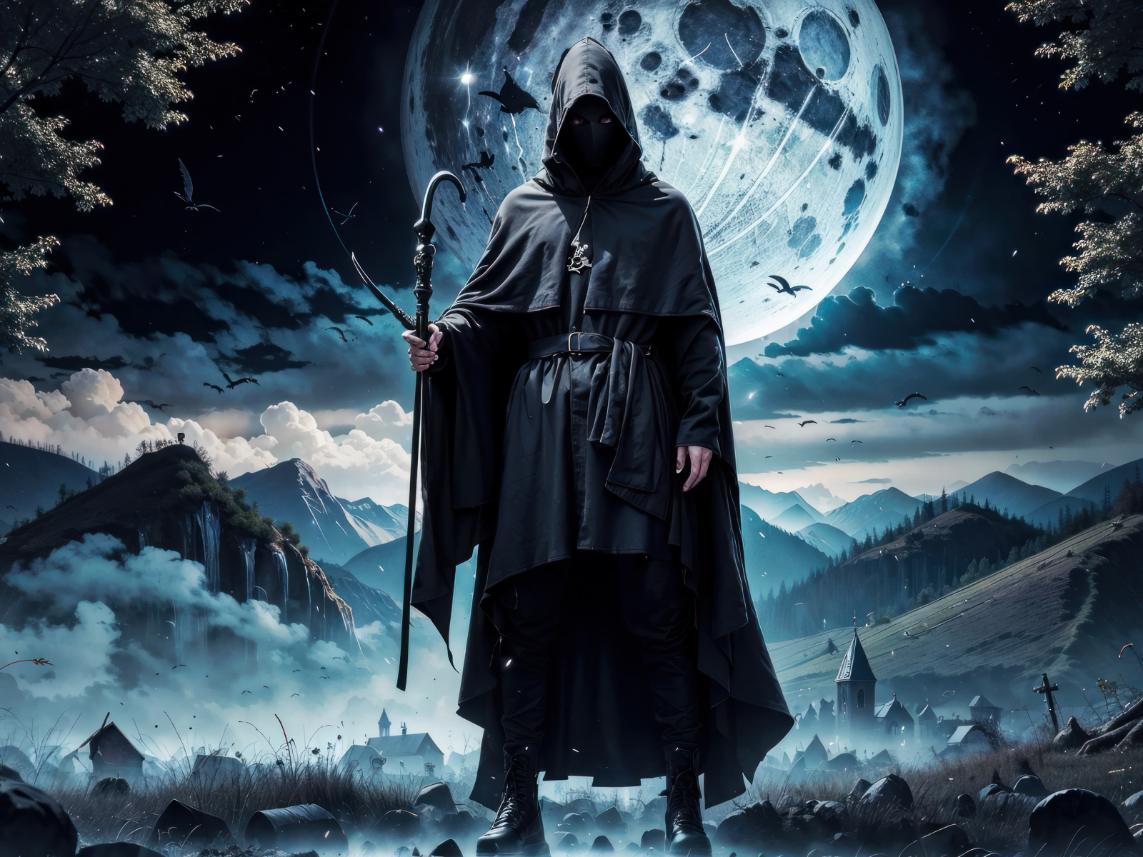 Черный маг в плаще на фоне луны