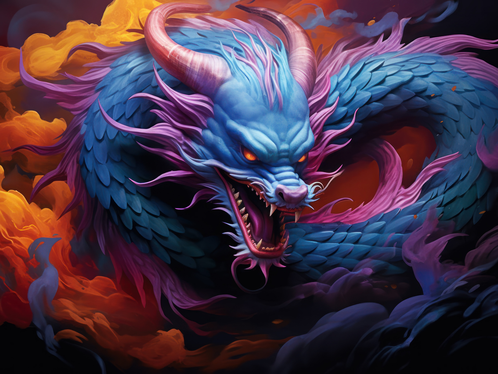 Синий нарисованный китайский дракон