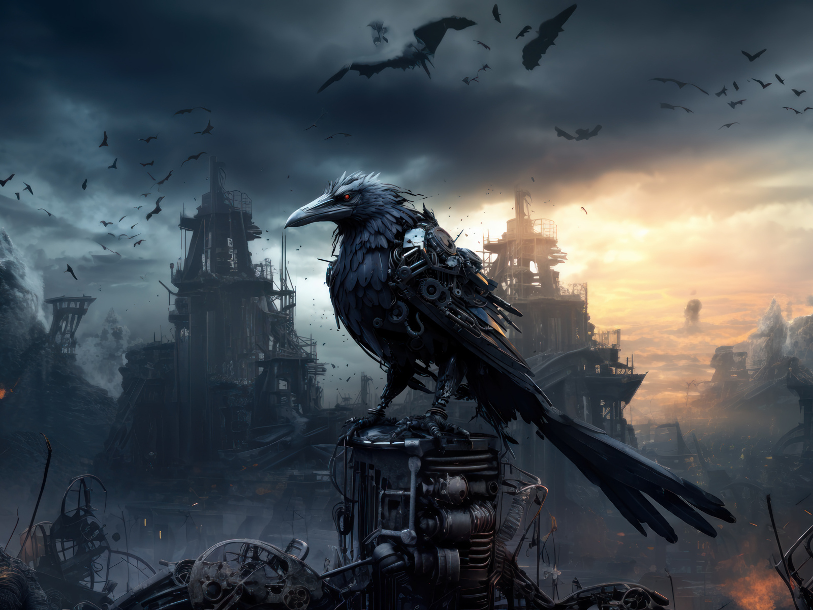 Фантастический черный ворон на фоне разрушенного города