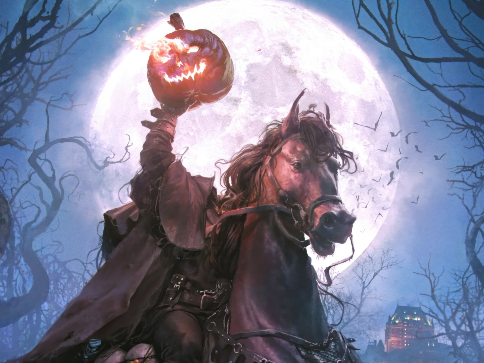 Фантастический всадник без головы с тыквой в руках