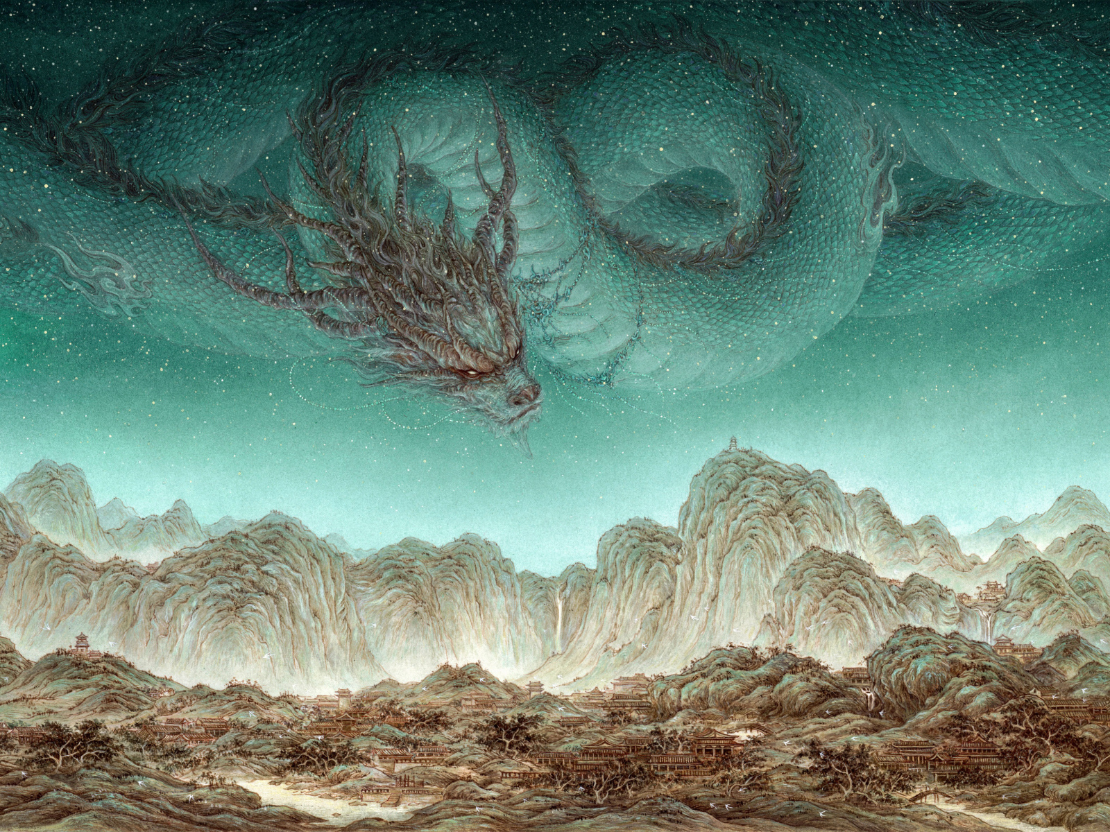 Волшебный дракон летает над горами