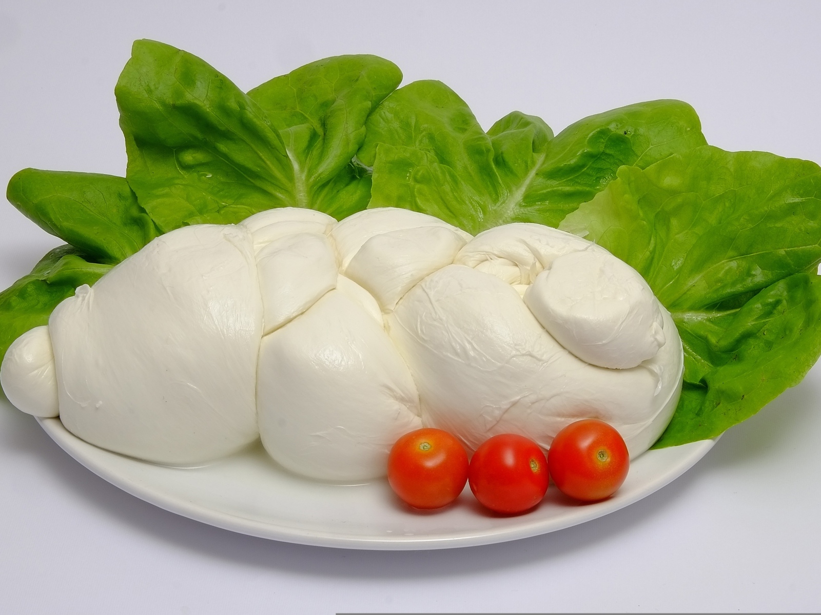 Сыр моцарелла на тарелке с листьями салата и помидорами