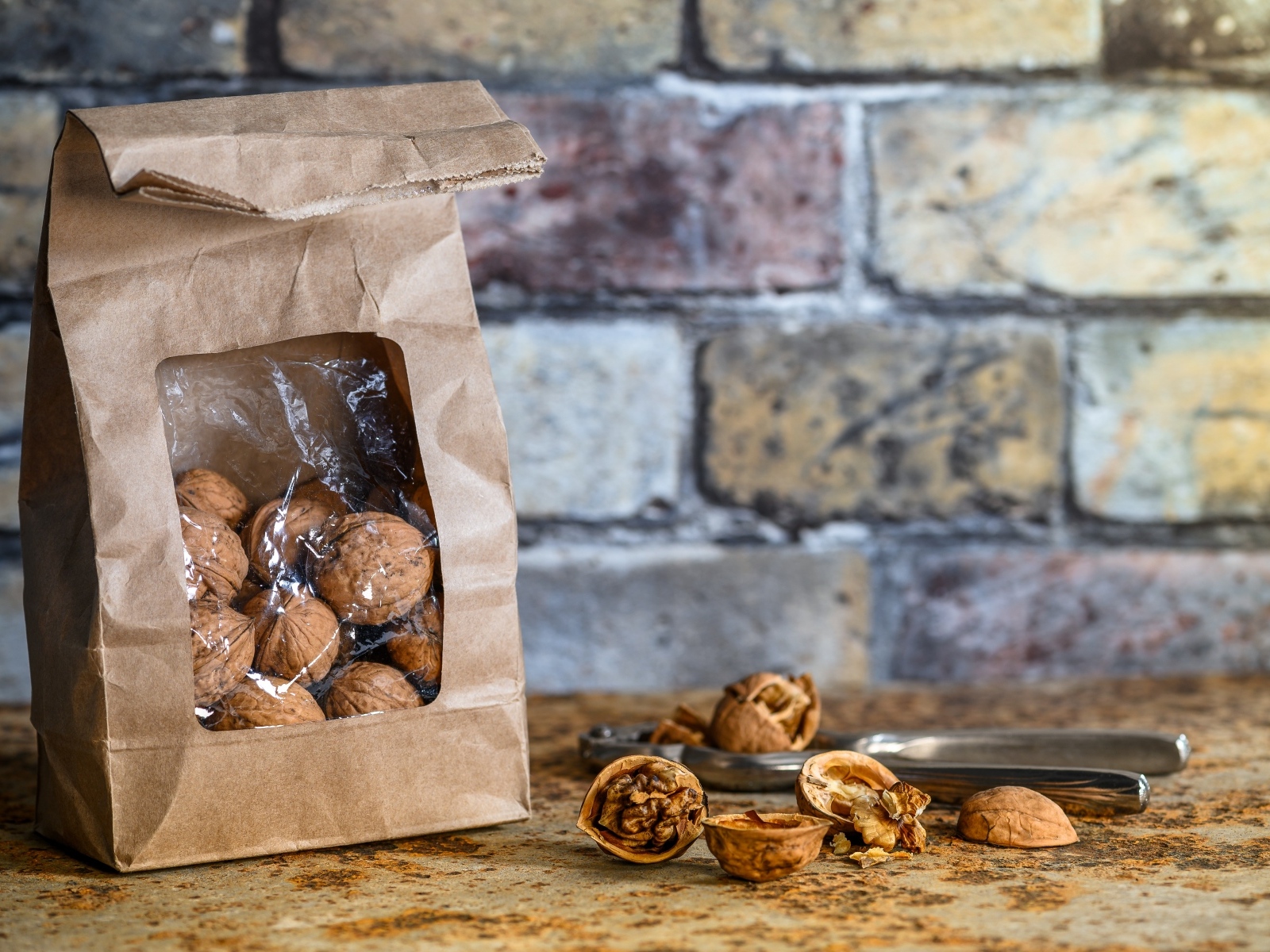 Грецкие орехи в пакете у стены