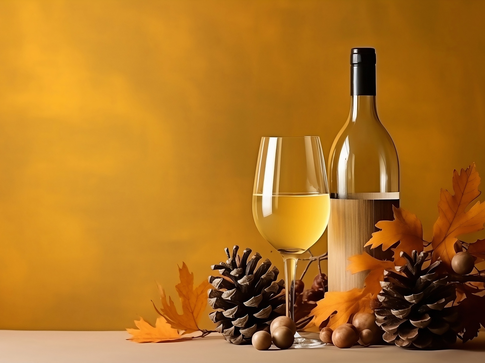 Бутылка вина и бокал на столе с шишками и желудями