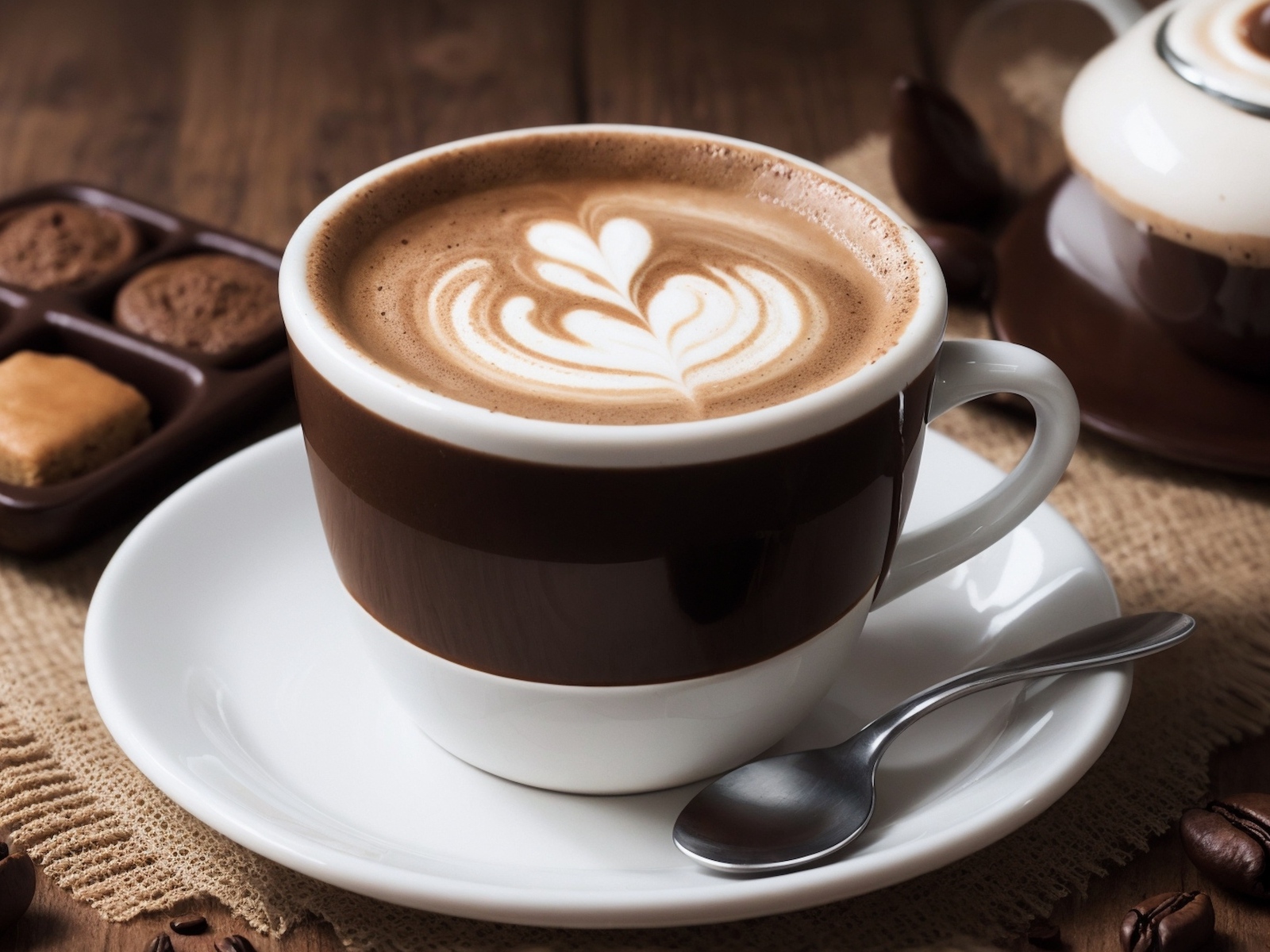 Чашка кофе с рисунком на пене на столе с конфетами