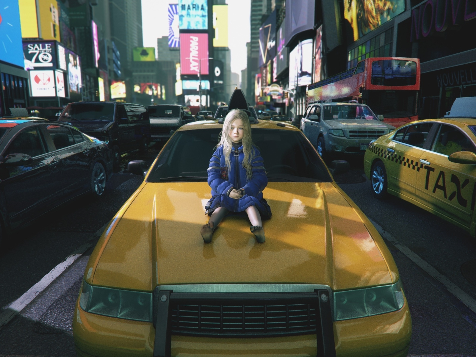 Маленькая девочка сидит на автомобиле, компьютерная игра Pragmata