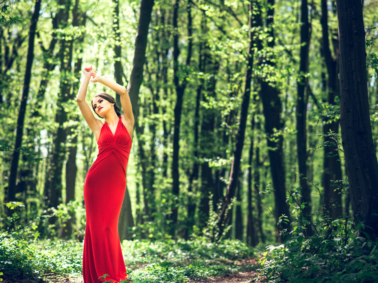 Девушка в красивом красном платье стоит в лесу
