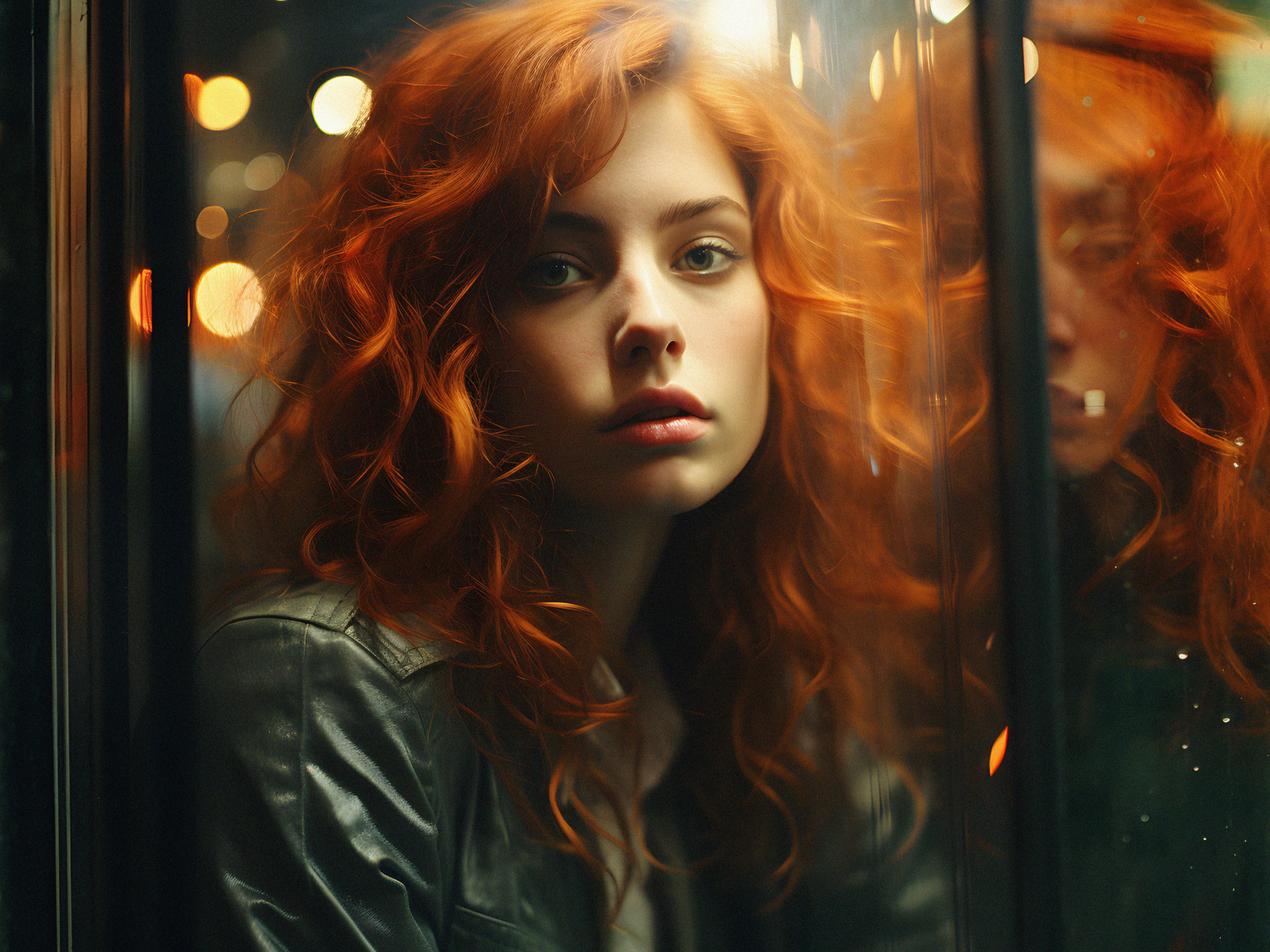 Красивая рыжеволосая девушка отражается в окне