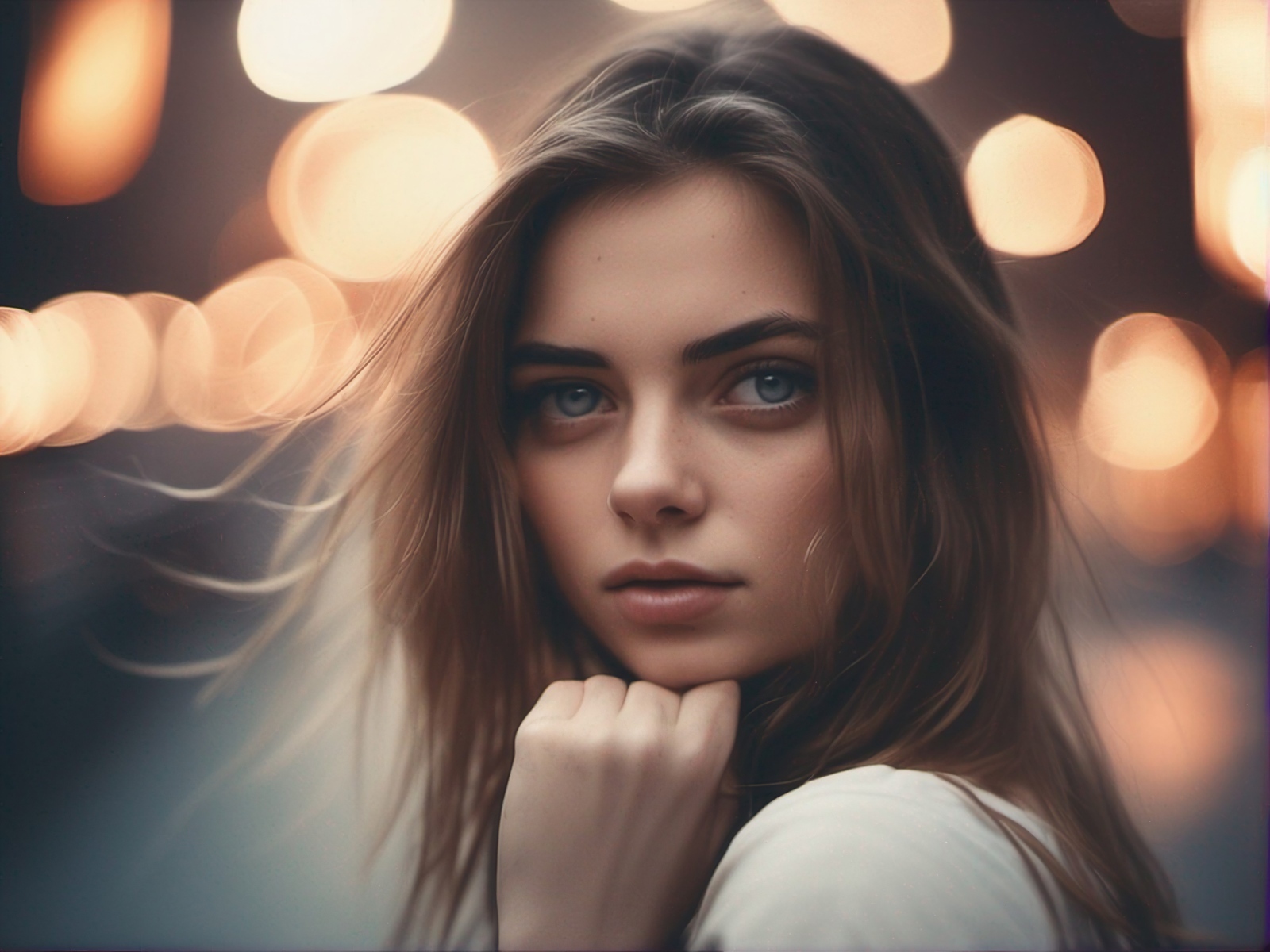 Красивая молодая голубоглазая девушка в свете фонарей