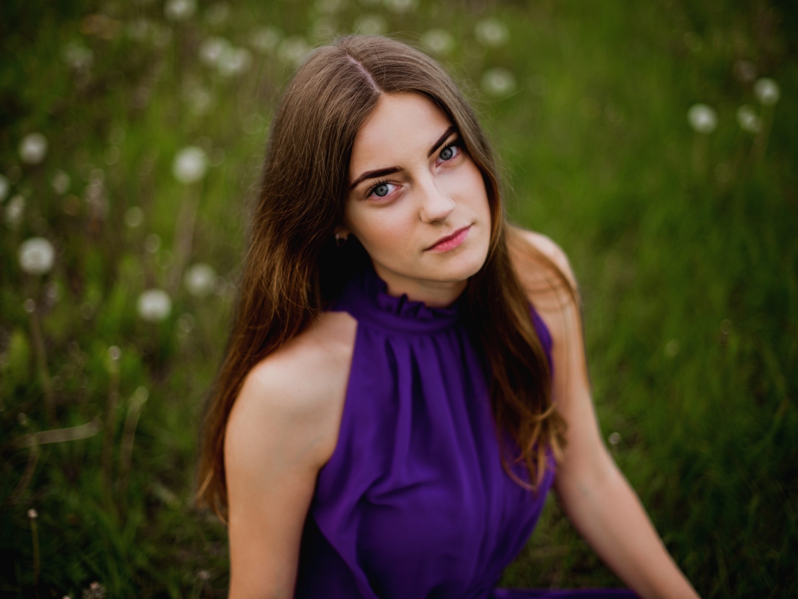Милая девушка в фиолетовом платье сидит на траве
