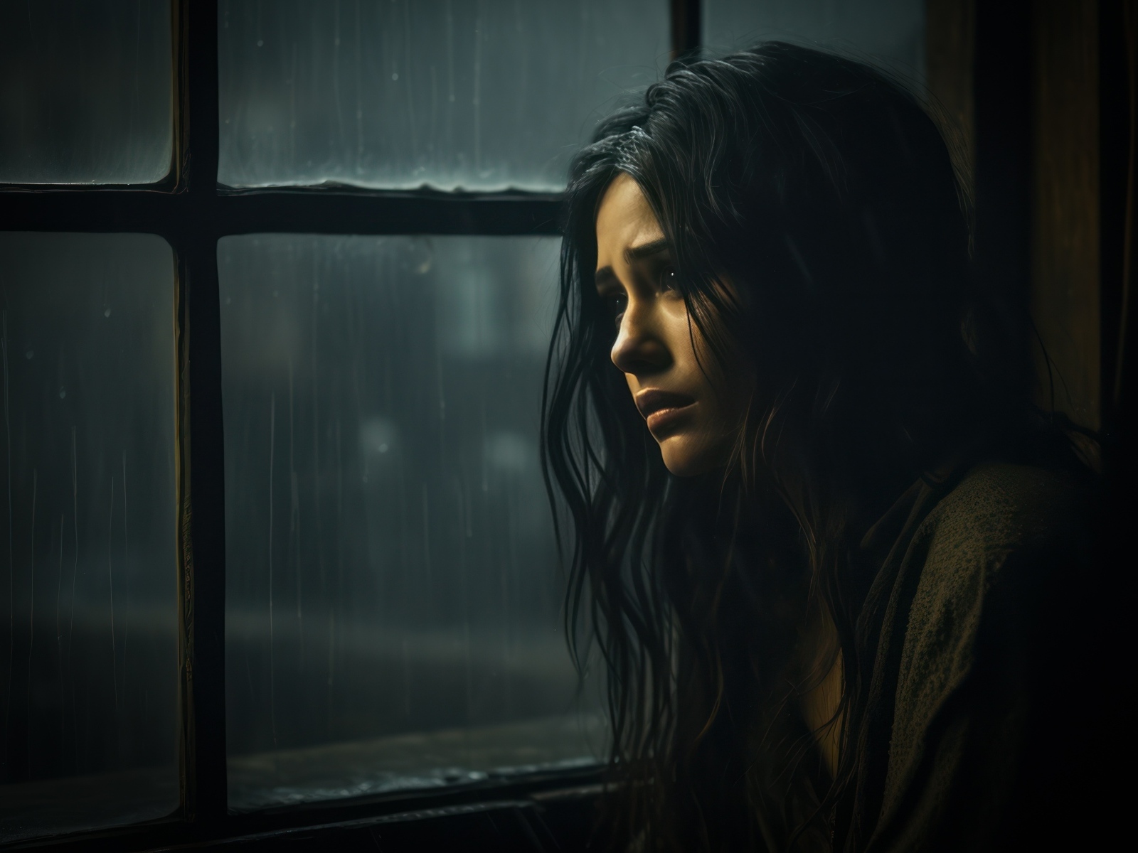 Грустная девушка сидит у окна 