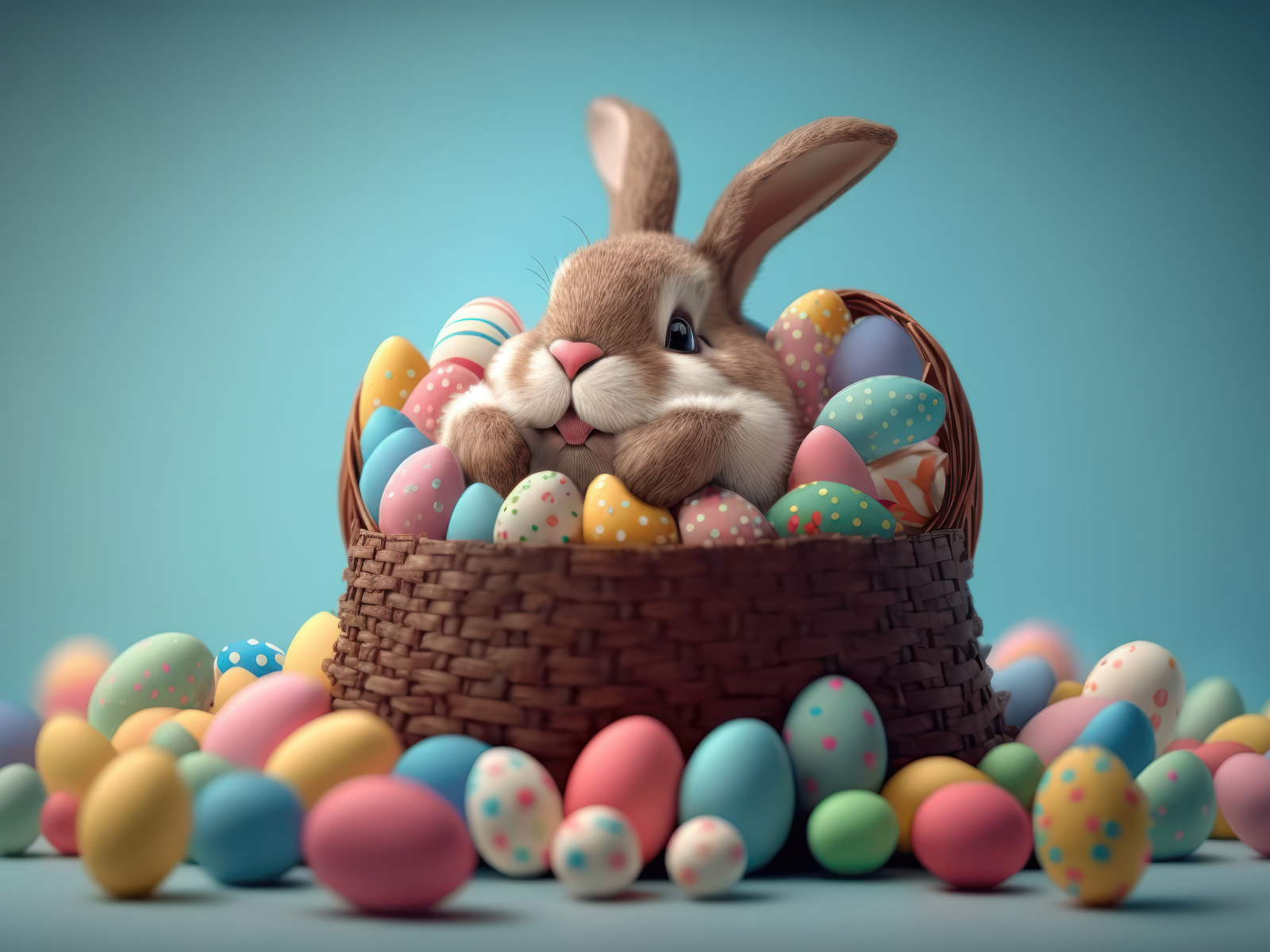 Пасхальный кролик в корзине с крашеными яйцами