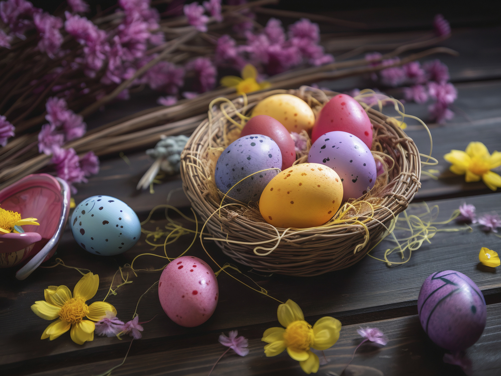 Разноцветные пасхальные яйца в гнезде с цветами