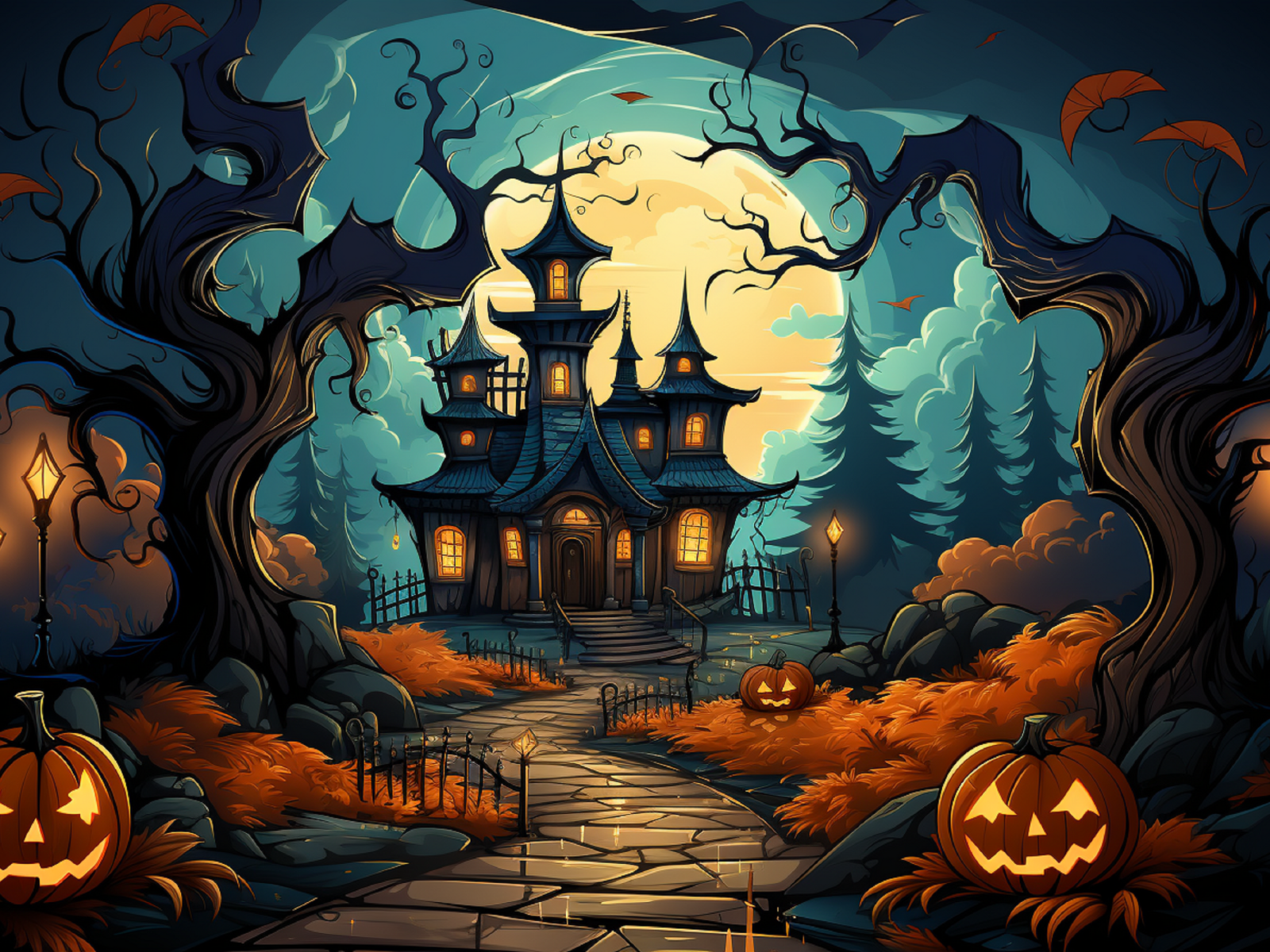 Старинный зловещий замок в лесу на Хэллоуин