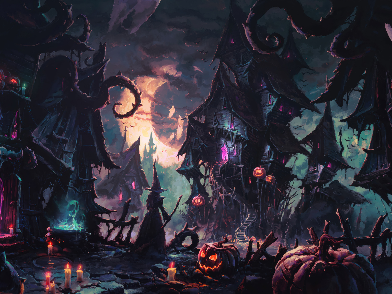 Зловещие черные дома с тыквами