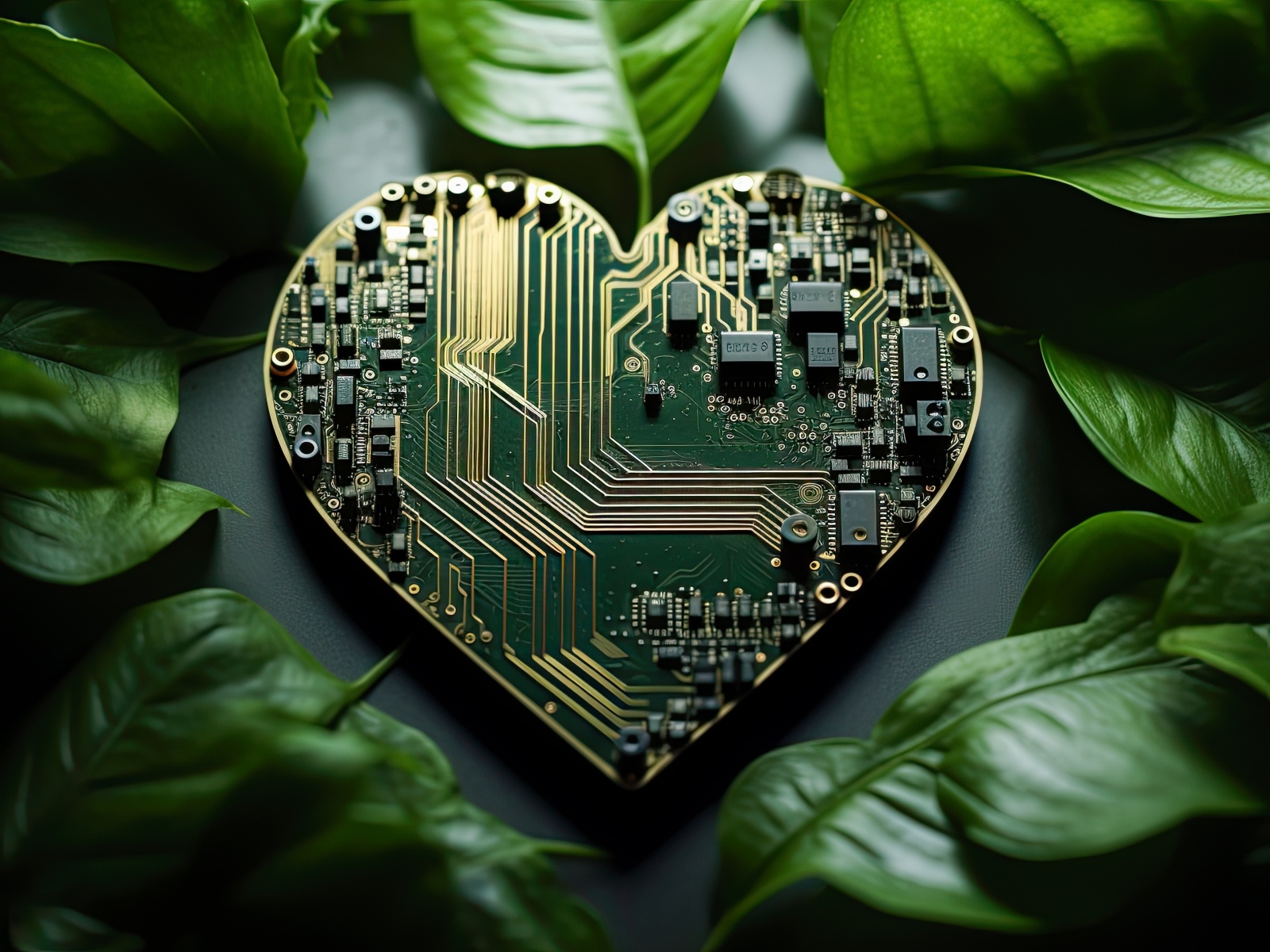 Плата в форме сердца с зелеными листьями