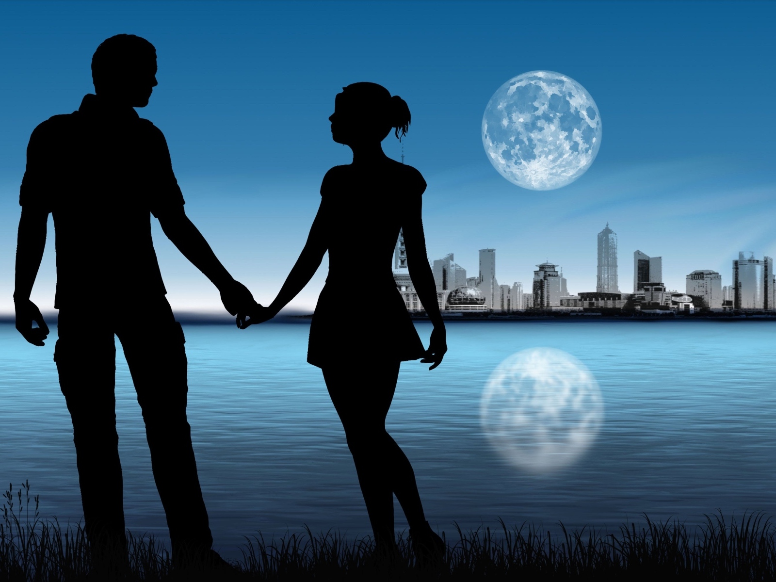 Силуэт влюбленной пары на фоне луны у озера