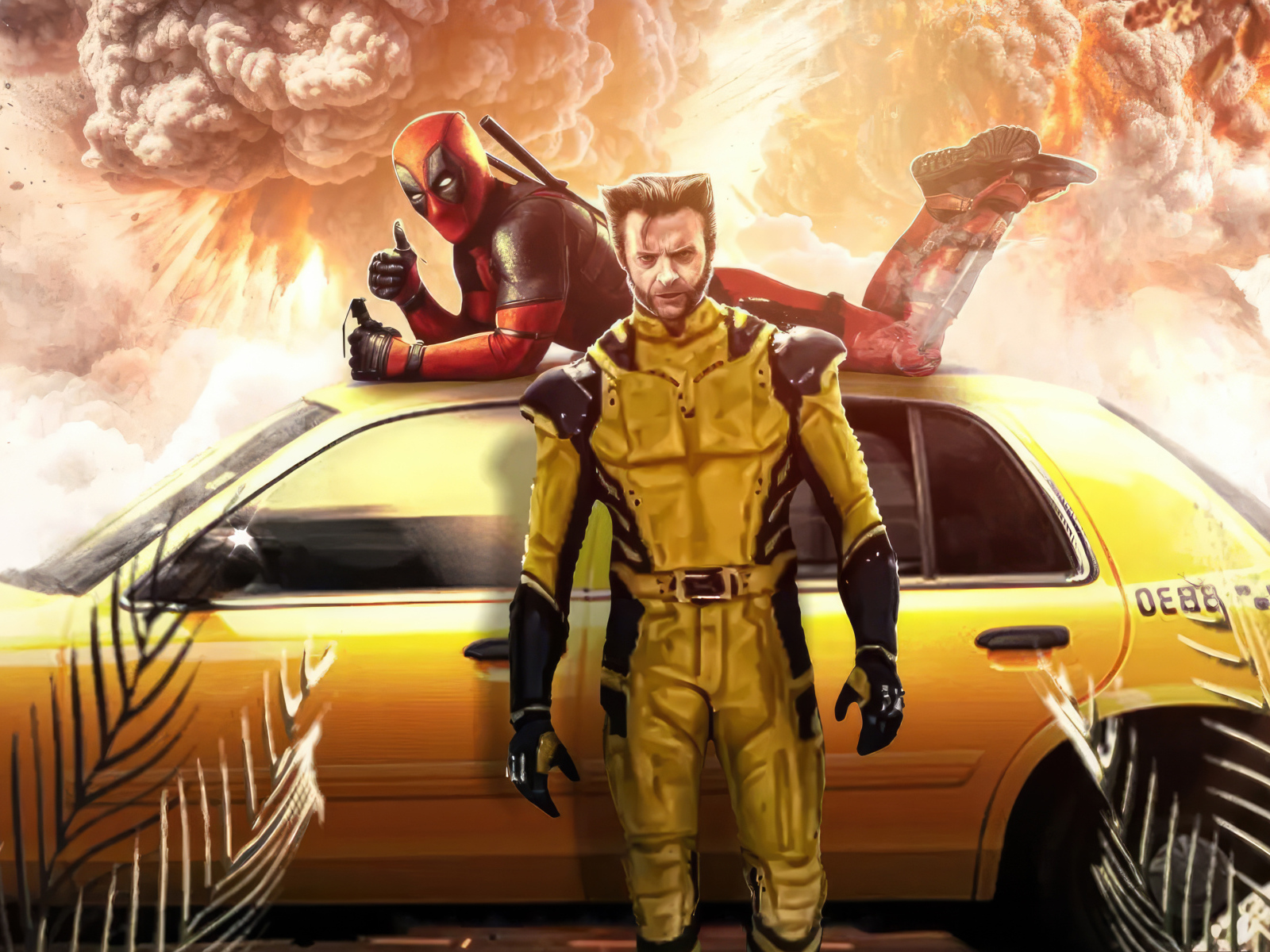 Супергерои Дэдпул и Росомаха с машиной такси