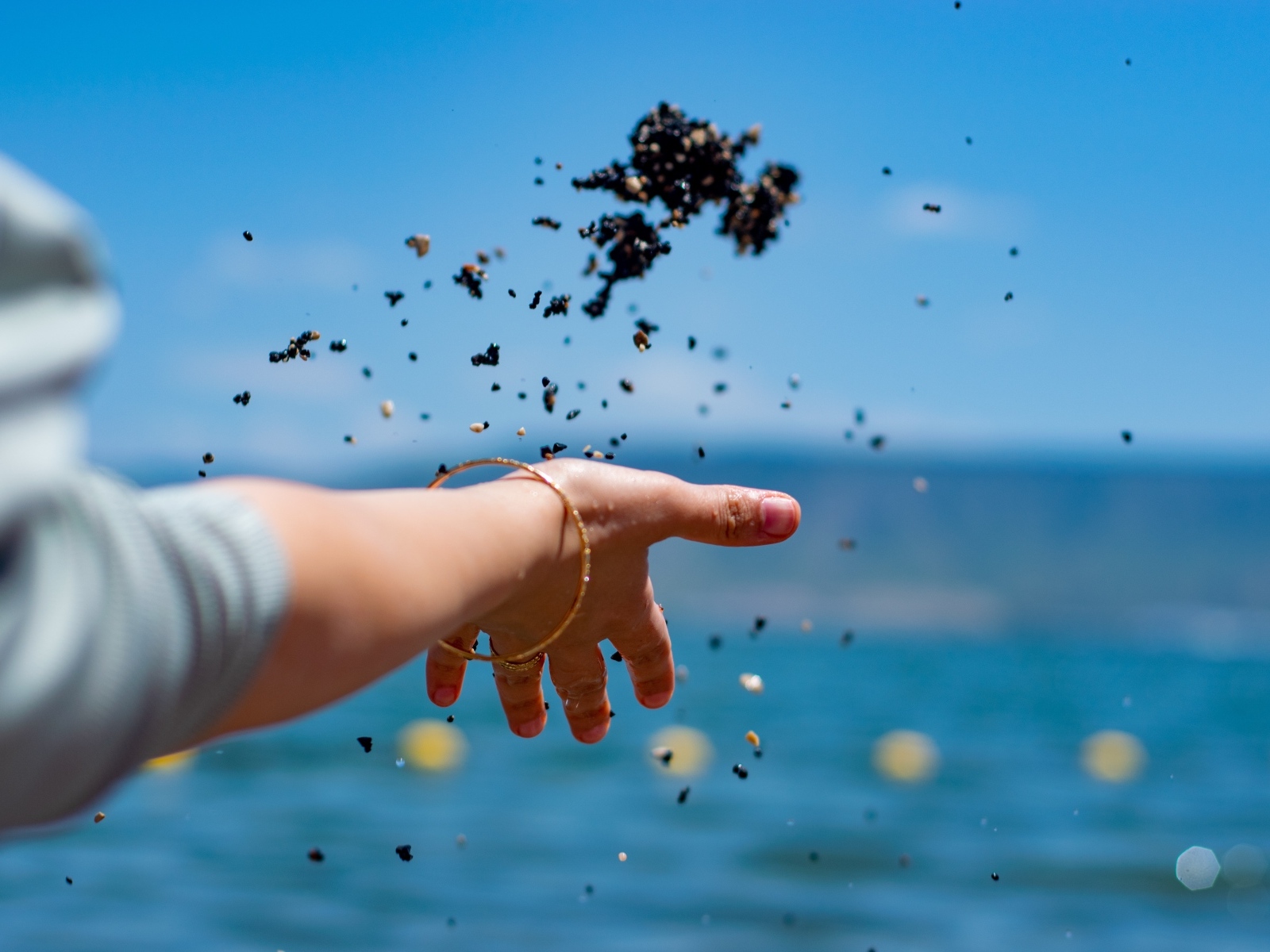 Девушка бросает корм в воду