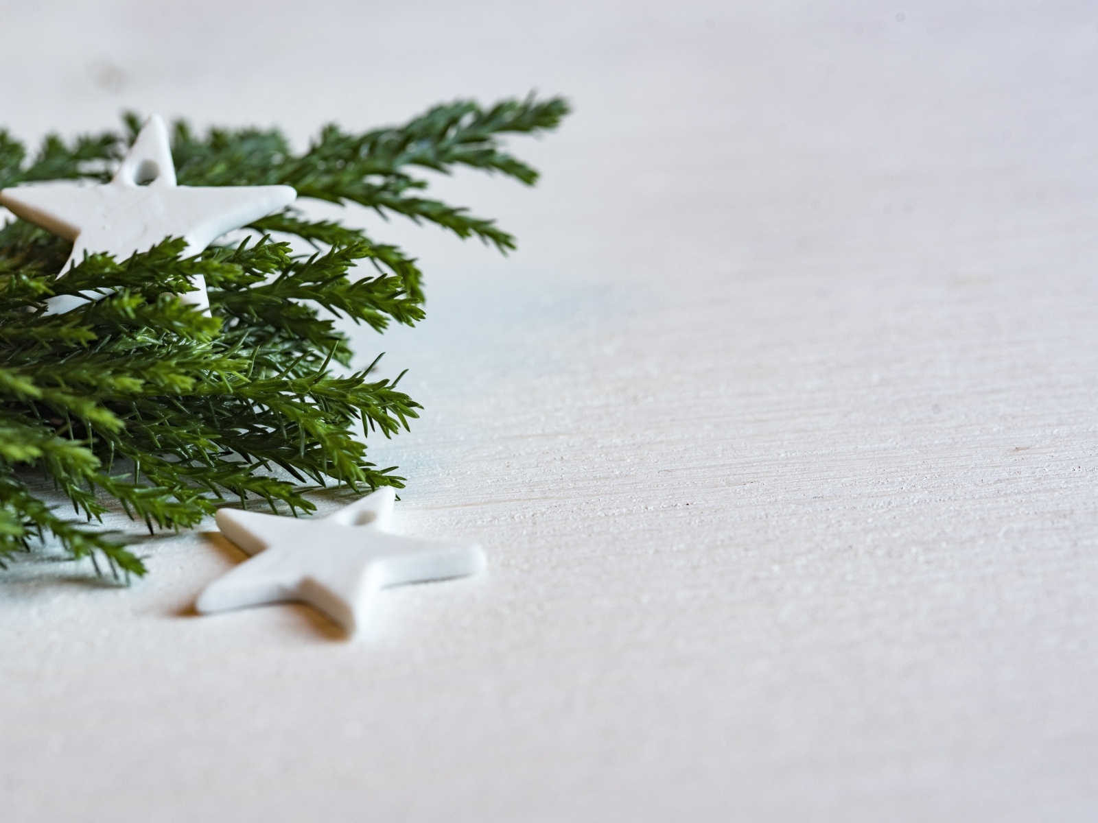 Звезды и ветка ели на белой поверхности 