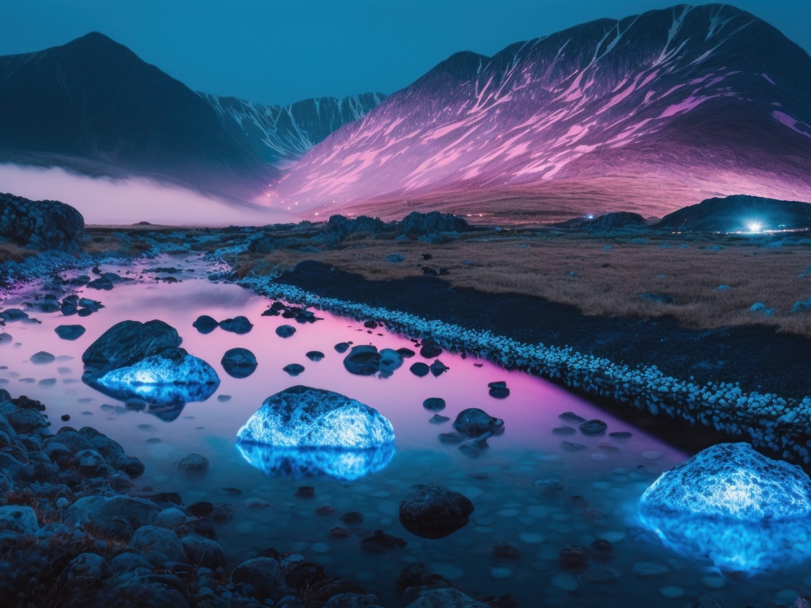 Неоновые камни в реке на фоне горы
