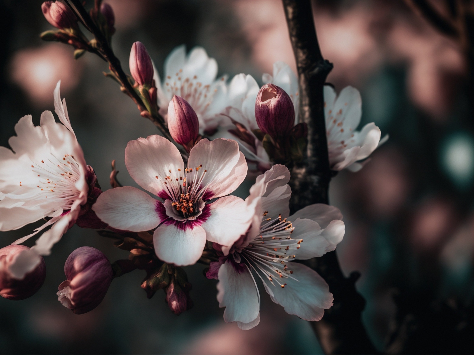 Розовые цветы персика на ветке весной