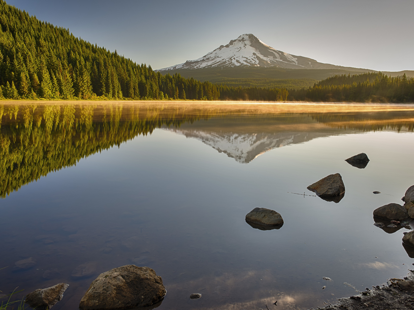 Красивый вид на озеро, лес и заснеженную гору