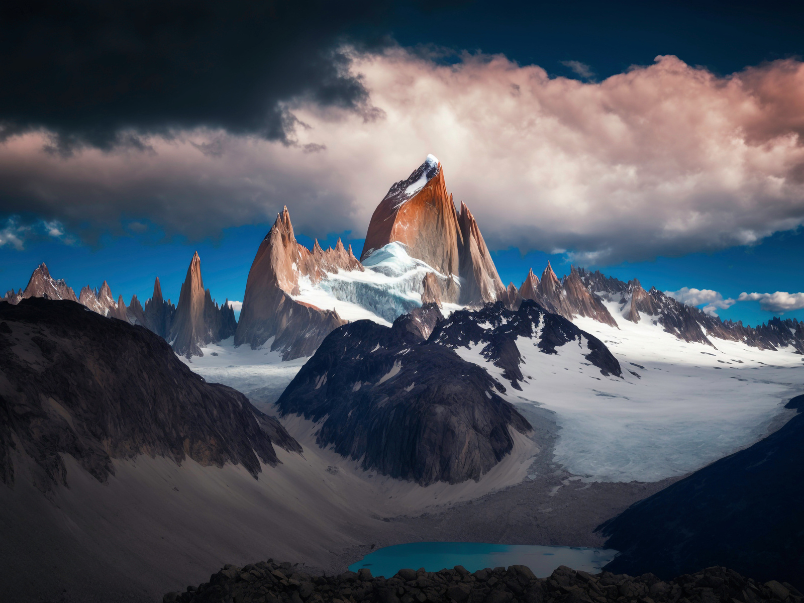 Острые вершины скалы под грозовым небом