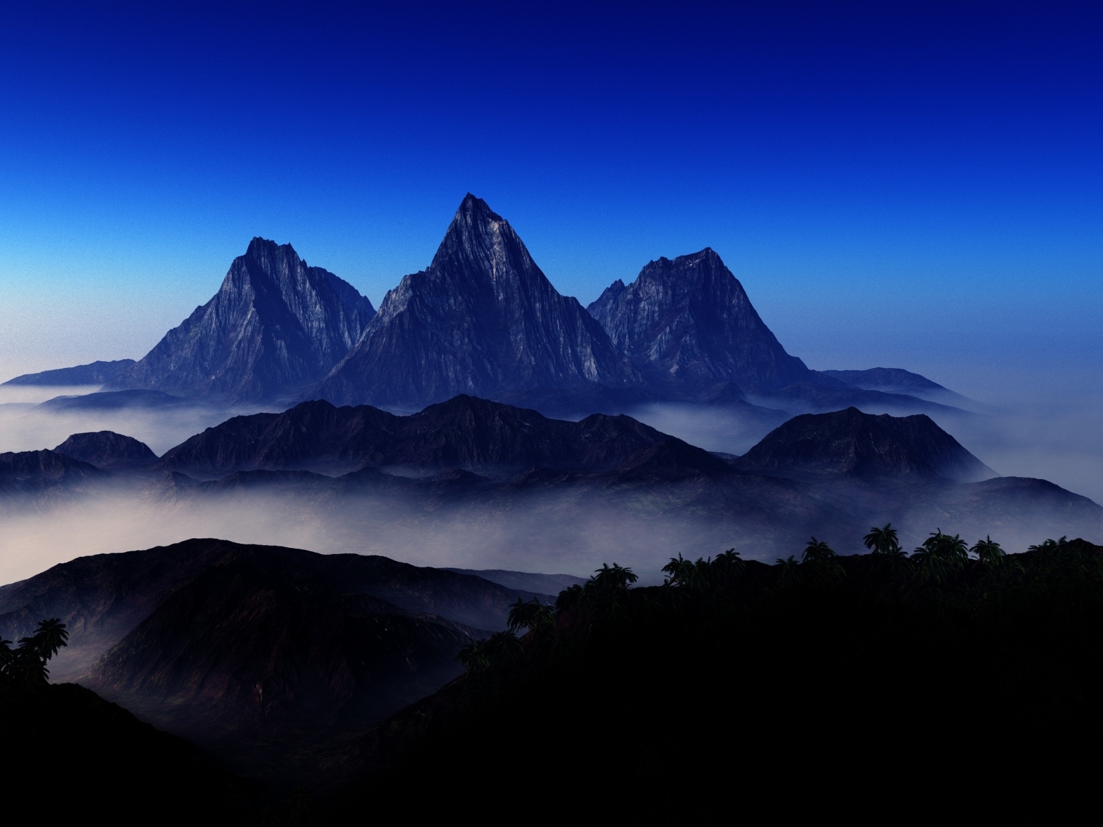 Три горные вершине в тумане