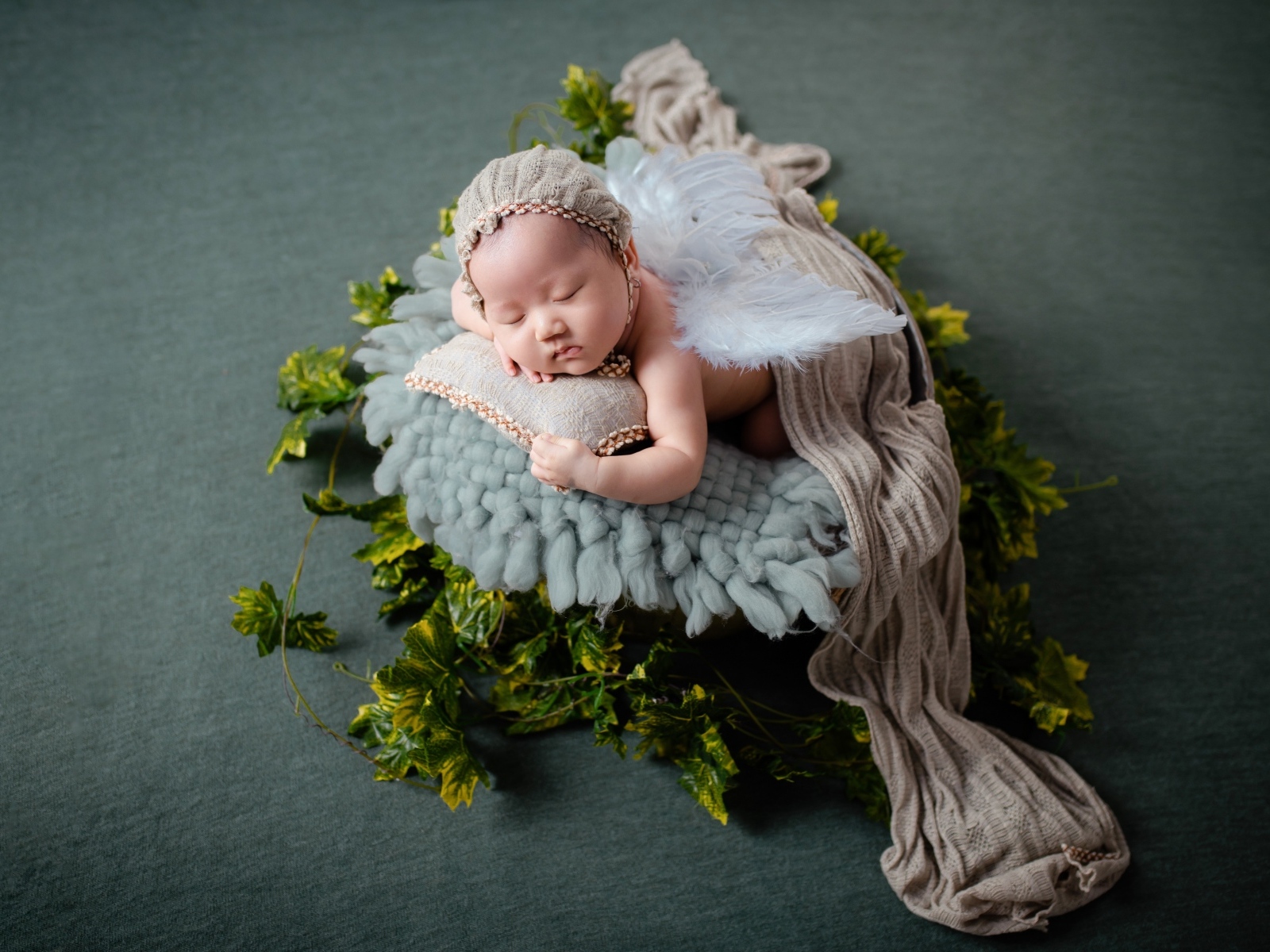 Новорожденный ребенок азиат в корзине