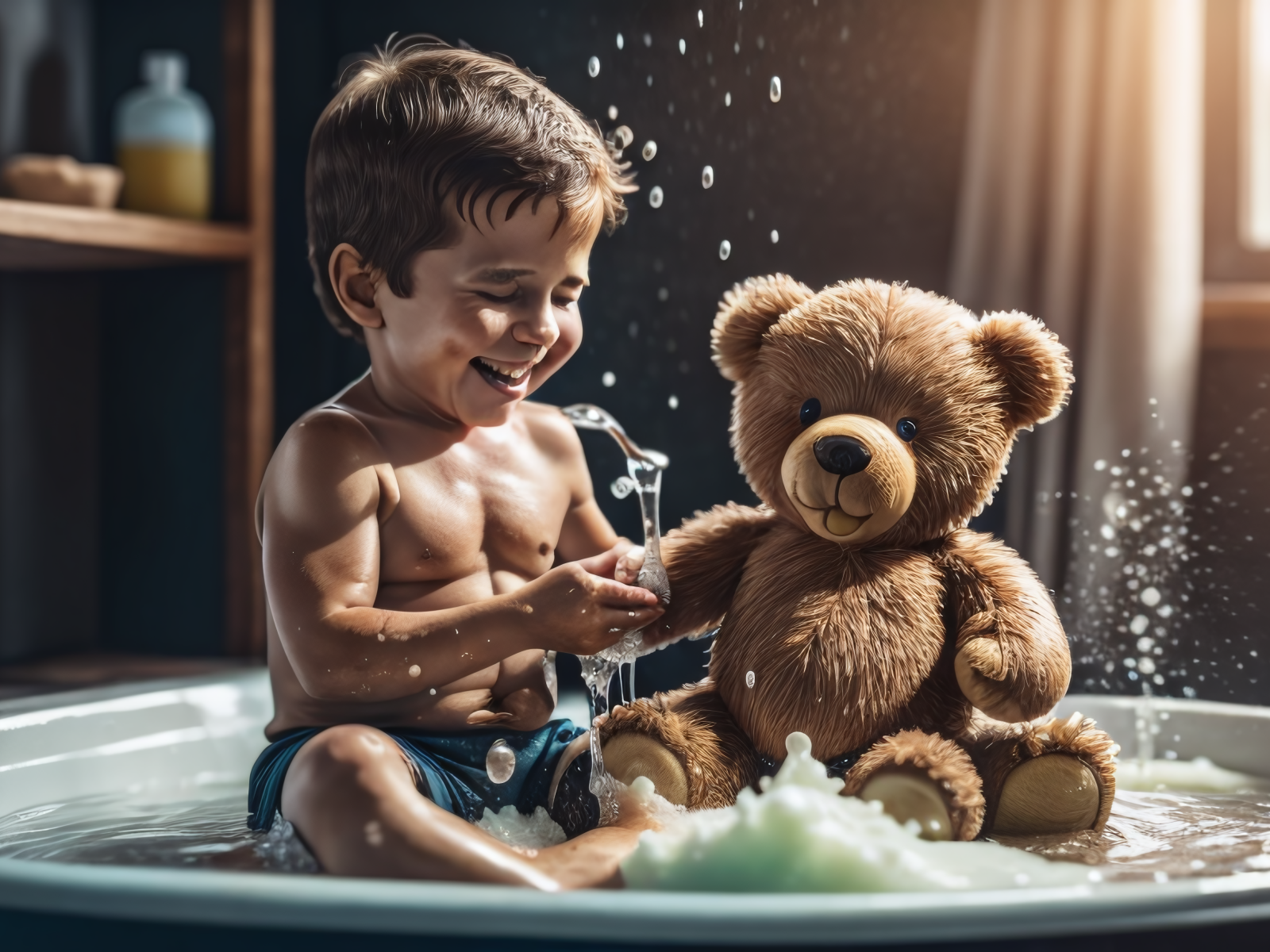 Маленький мальчик купается с игрушкой