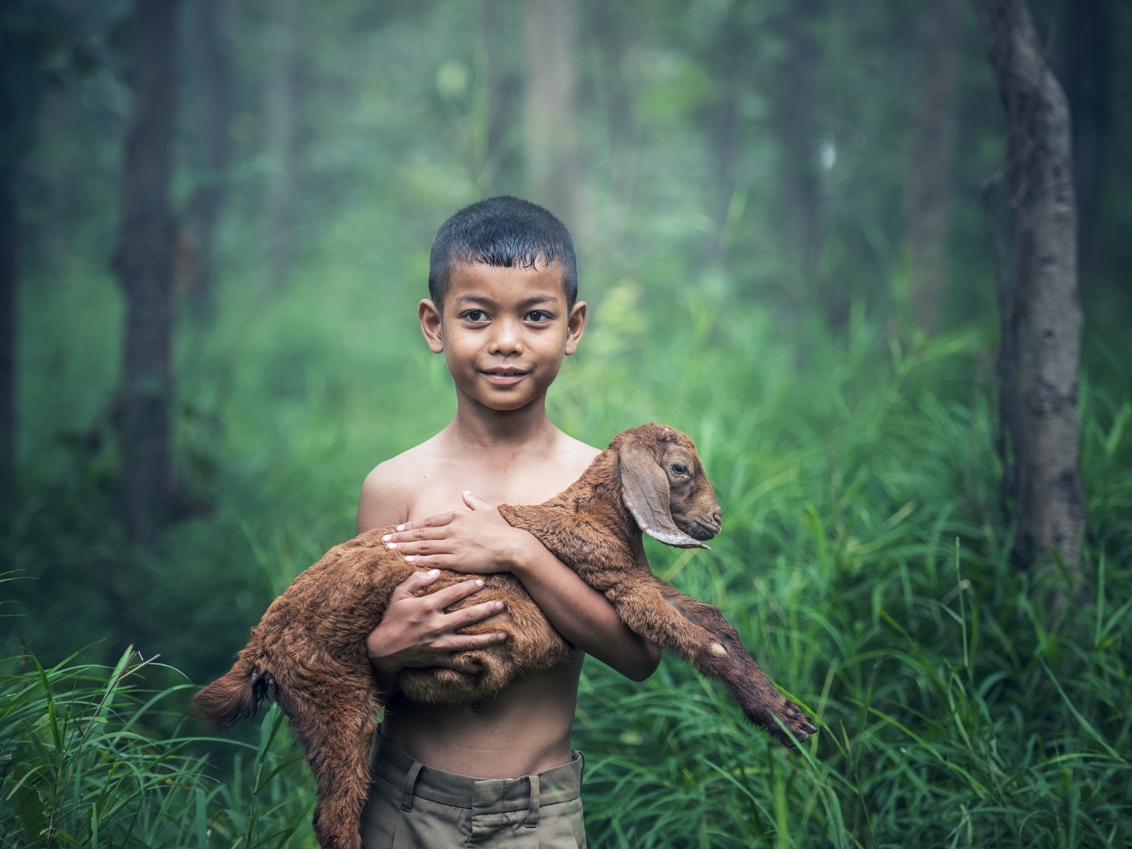 Маленький мальчик с ягненком на руках