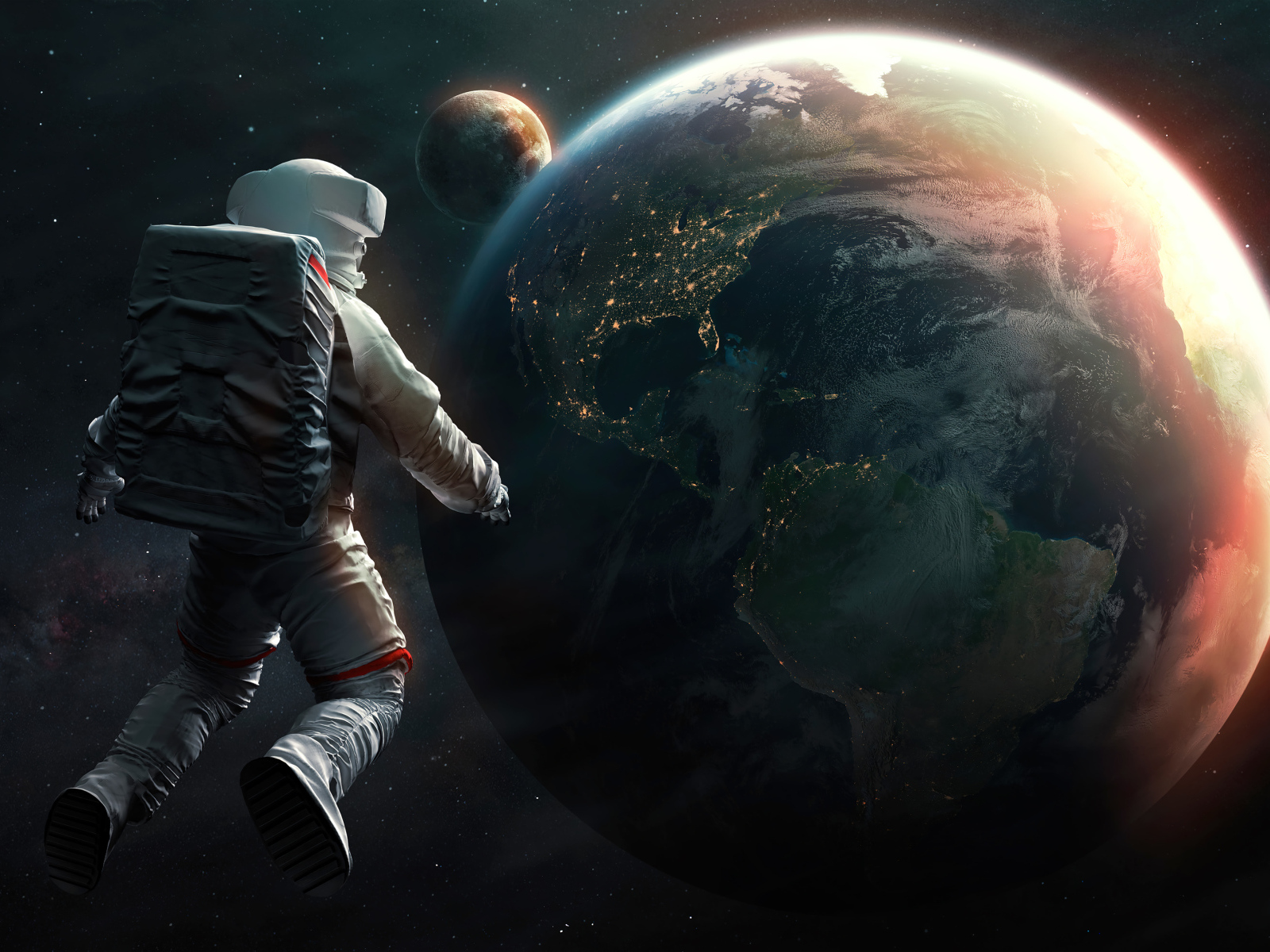 Астронавт смотрит на планету Земля из космоса
