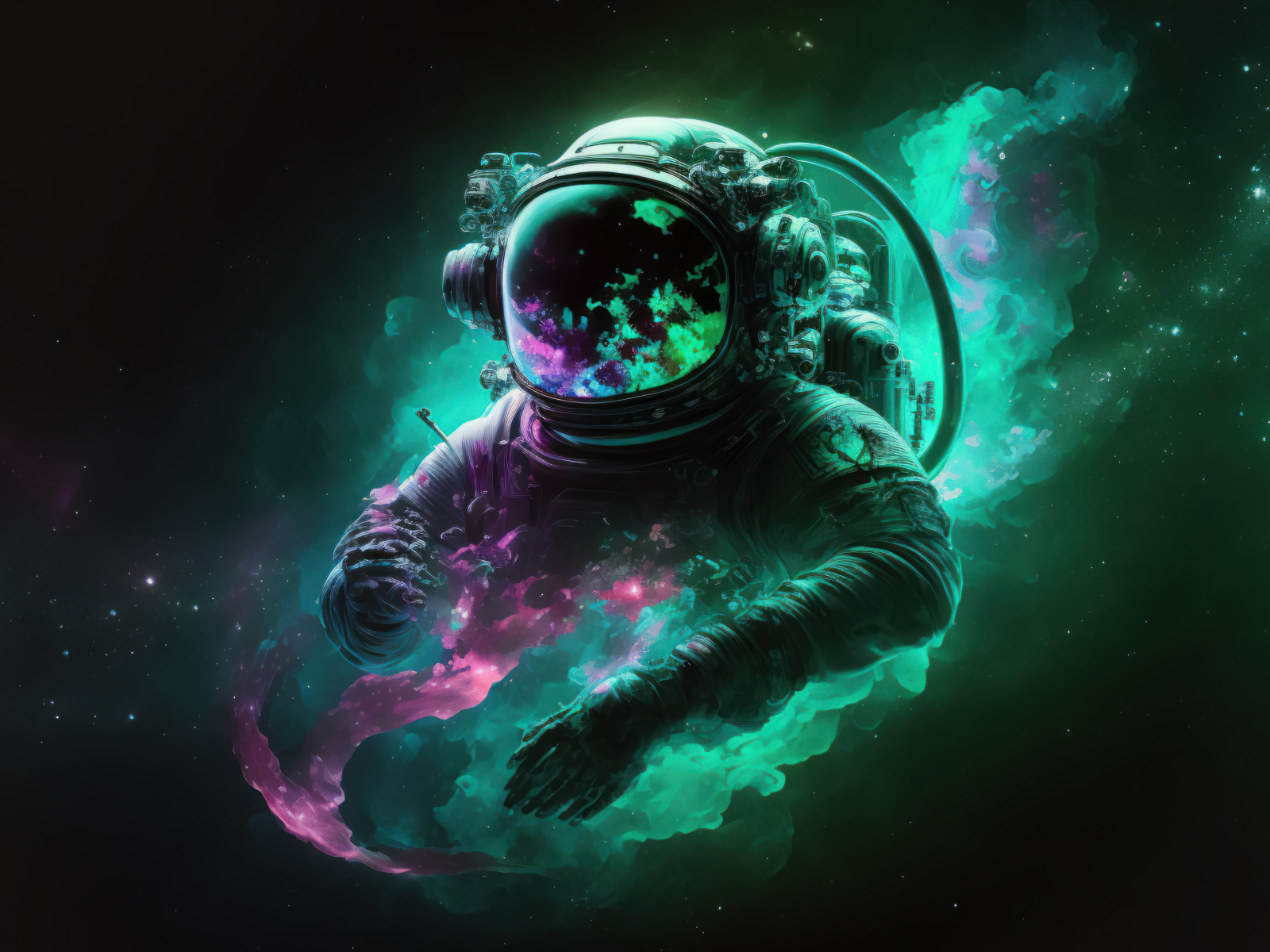 Астронавт в космосе в зеленом дыме