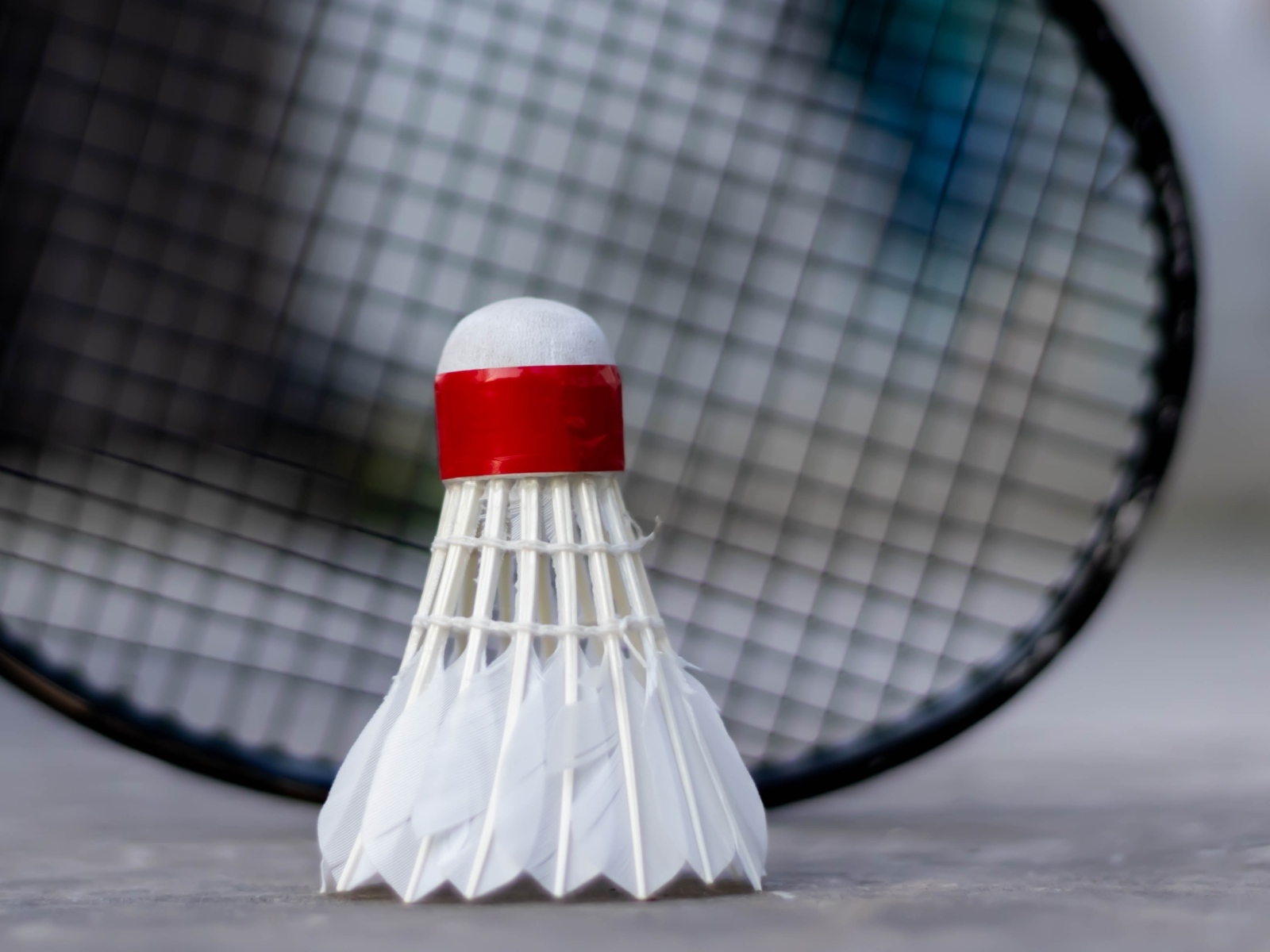Белый воланчик и ракетка для игры в бадминтон