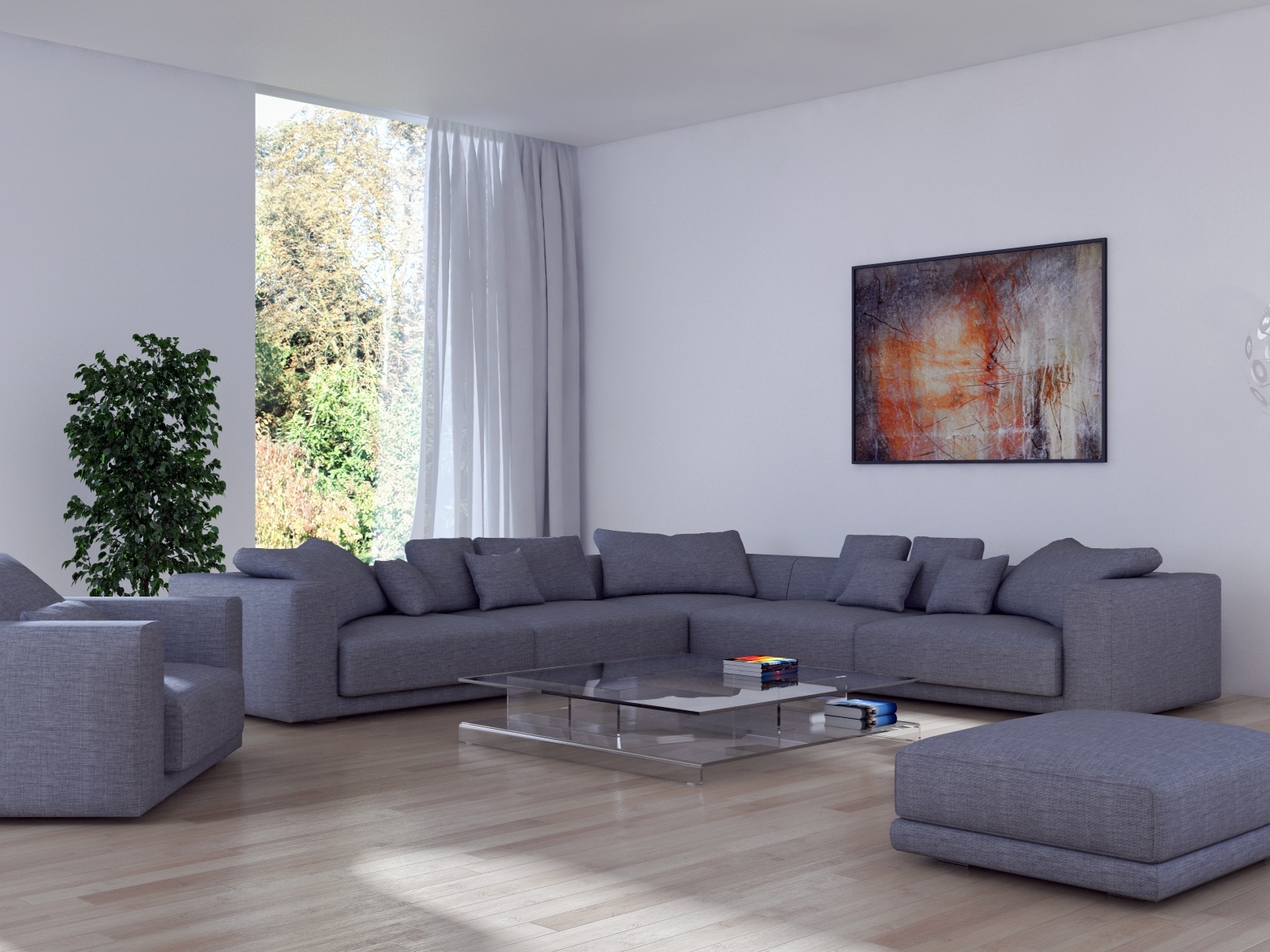 Большой серый диван в гостиной комнате